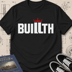 Buillth Crown Logo t-shirt, black, with red crown wordmark chest print, flat lay