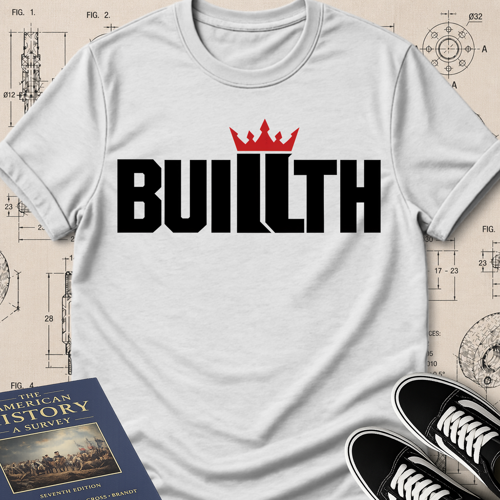 Buillth Crown Logo t-shirt, white, with crown wordmark chest print, flat lay