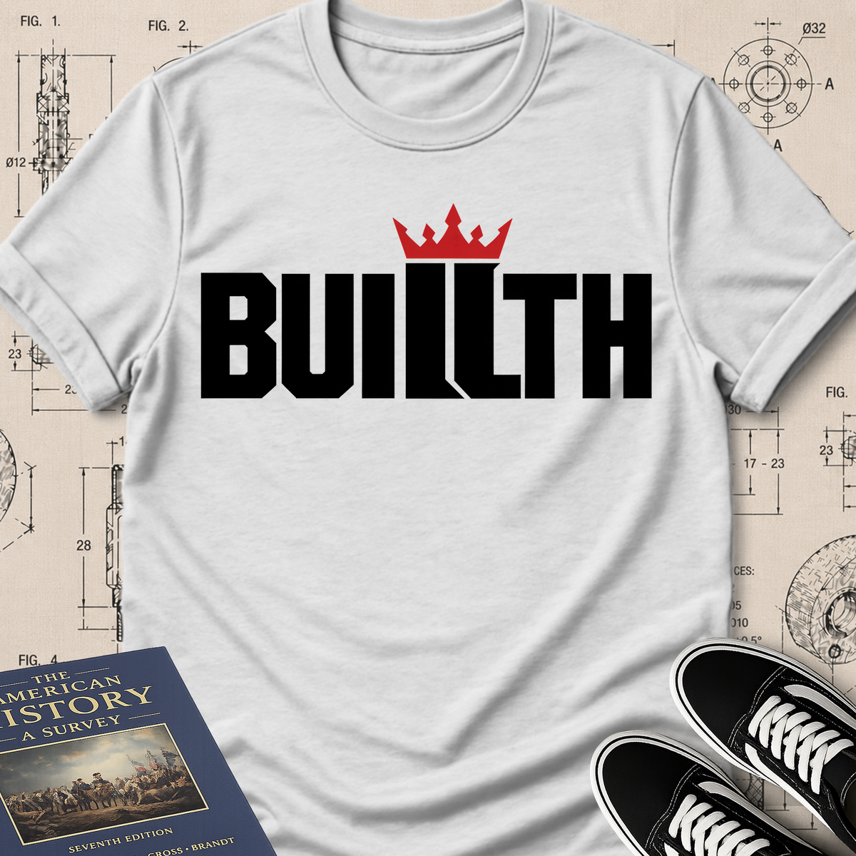 Buillth Crown Logo t-shirt, white, with crown wordmark chest print, flat lay
