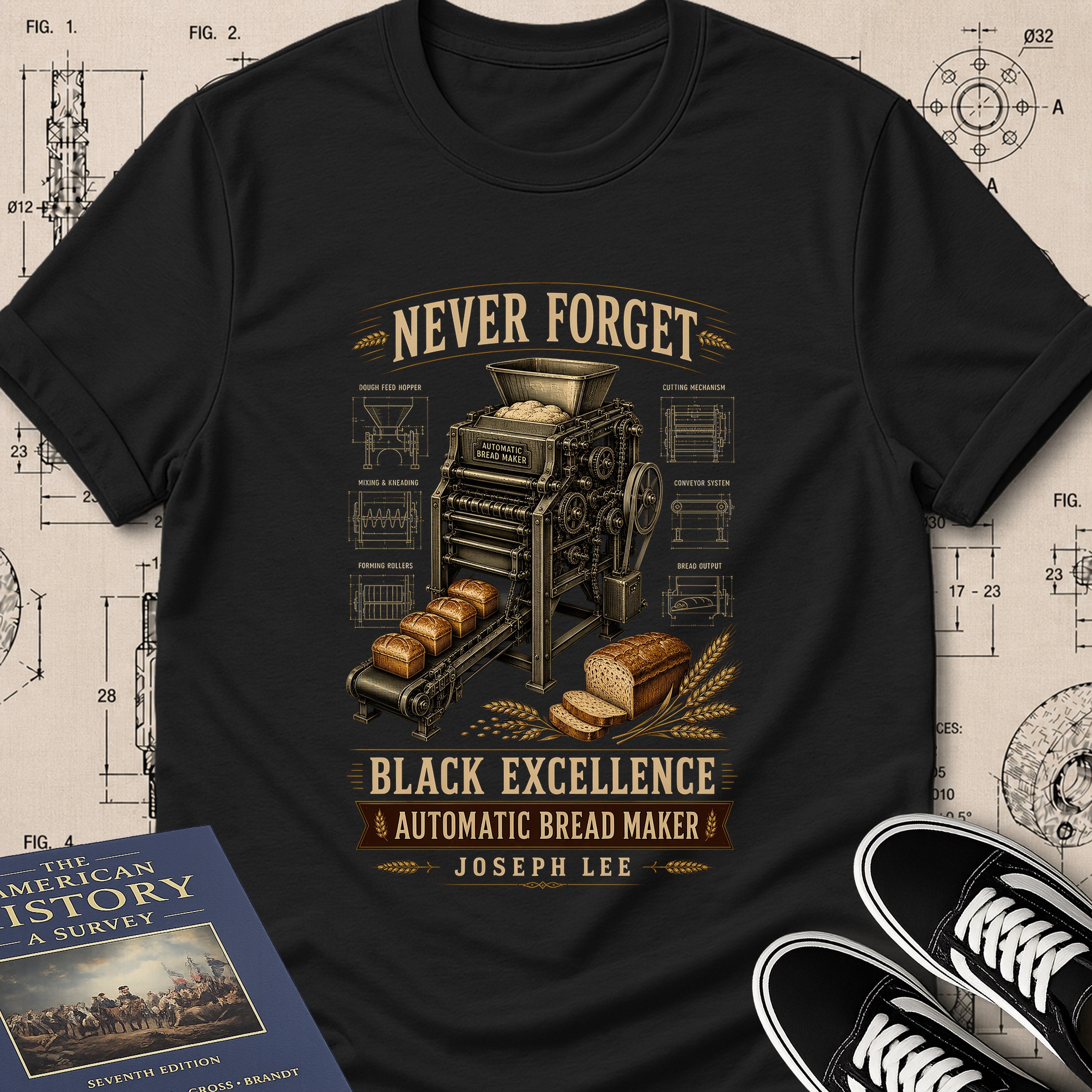 Joseph Lee — Bread Kneading Machine museum-archive badge t-shirt design, Buillth