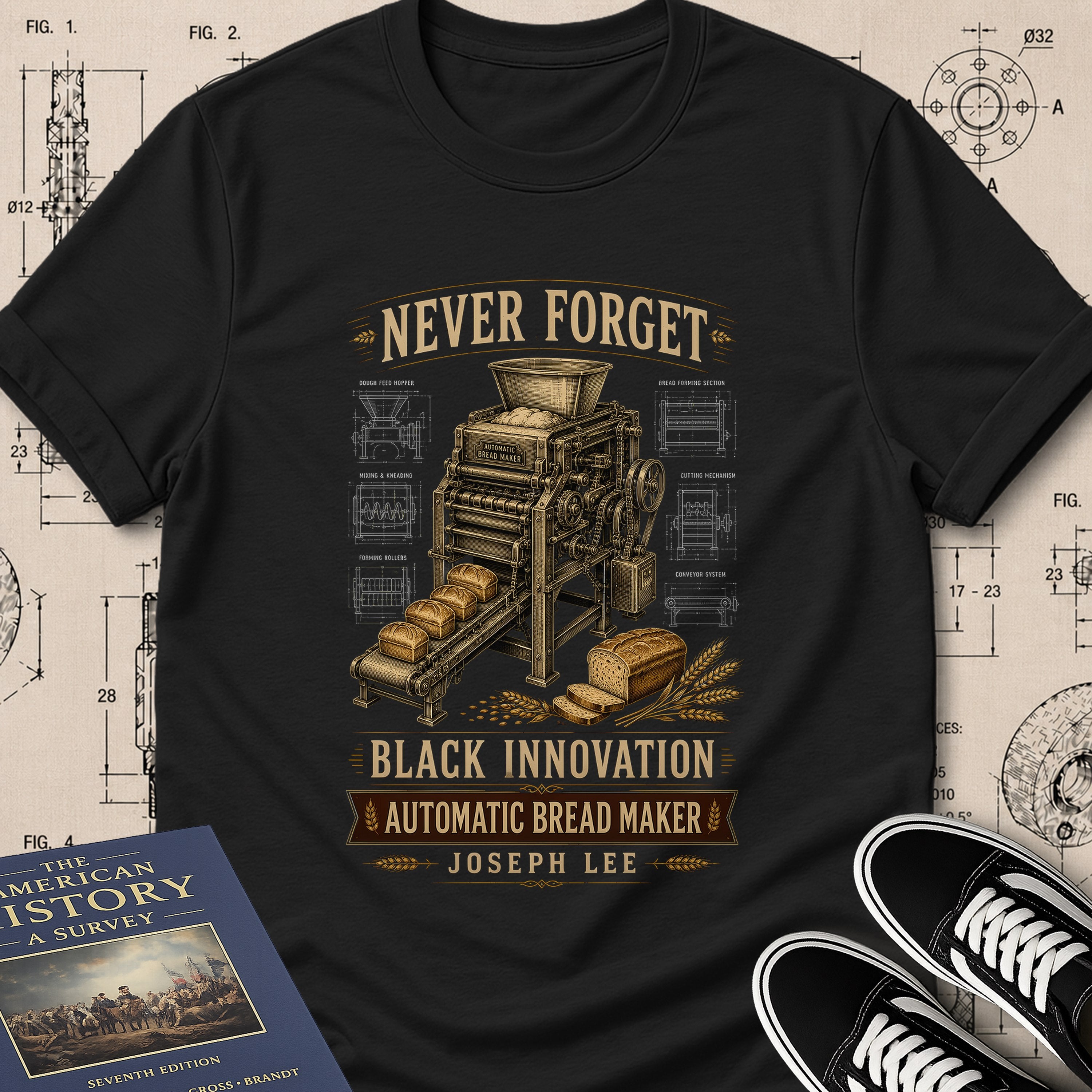 Joseph Lee — Bread Kneading Machine museum-archive badge t-shirt design, Buillth