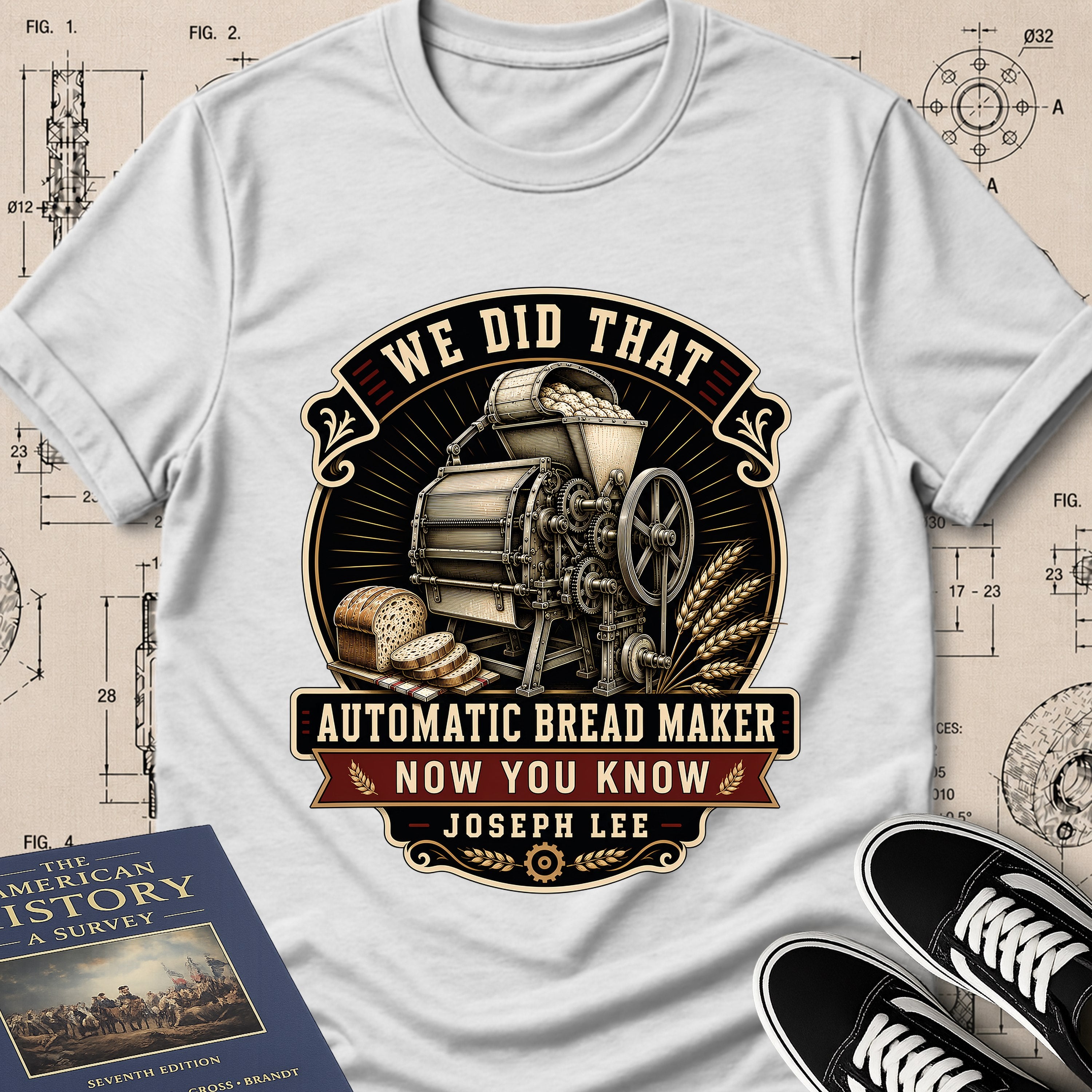Joseph Lee — Bread Kneading Machine archival badge t-shirt design, Buillth Never Forget collection