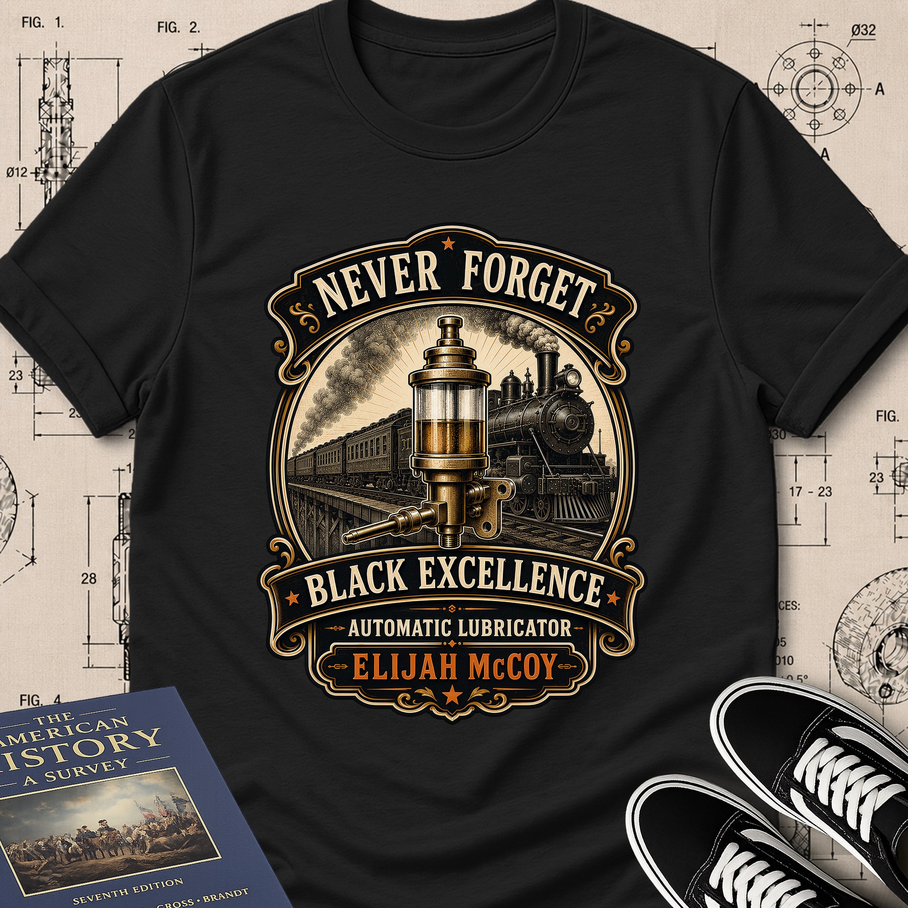 Elijah McCoy — Automatic Lubrication archival badge t-shirt design, Buillth Never Forget collection