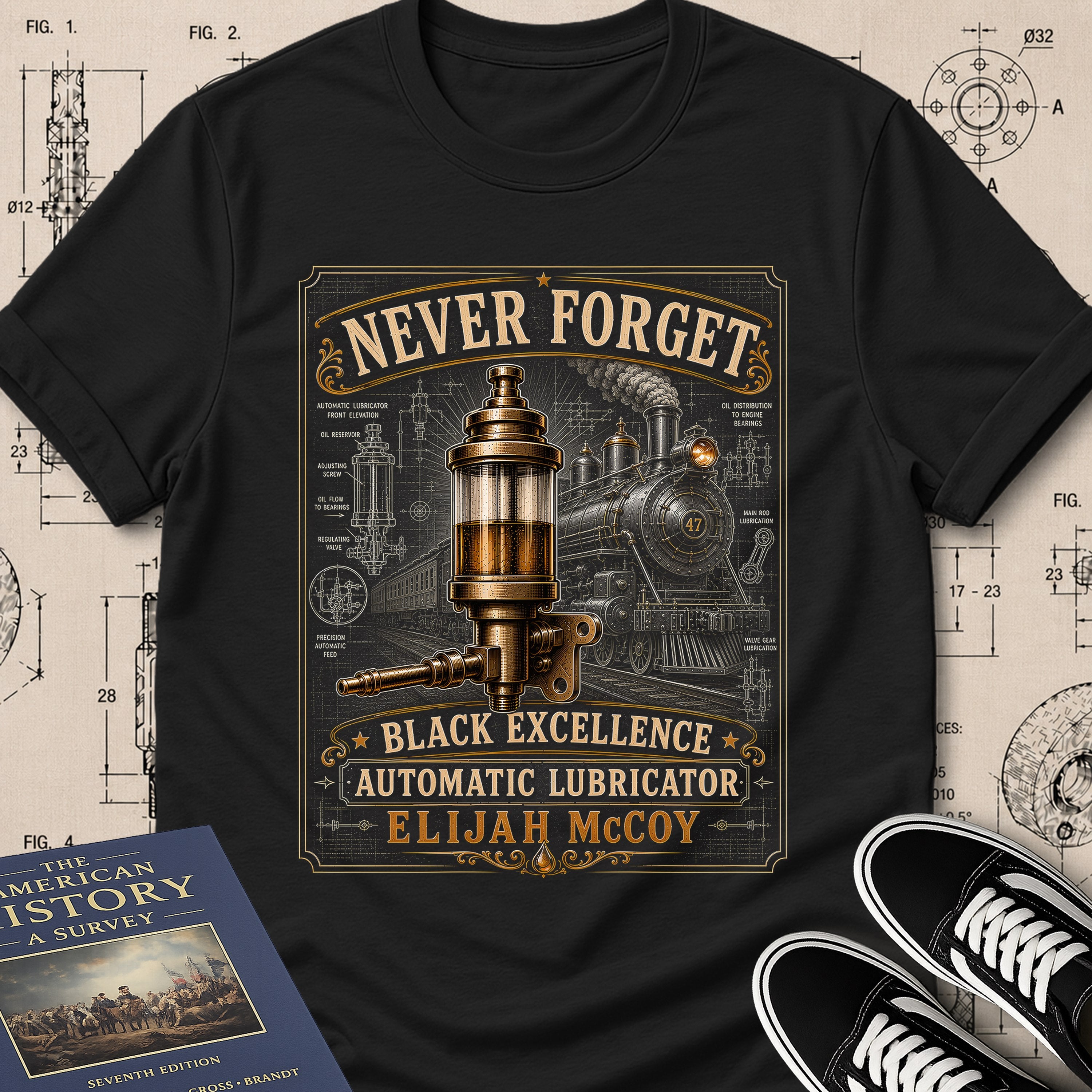 Elijah McCoy — Automatic Lubrication museum-archive badge t-shirt design, Buillth
