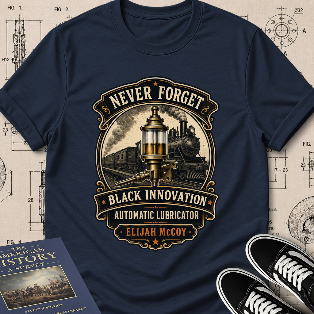 Elijah McCoy — Automatic Lubrication archival badge t-shirt design, Buillth Never Forget collection