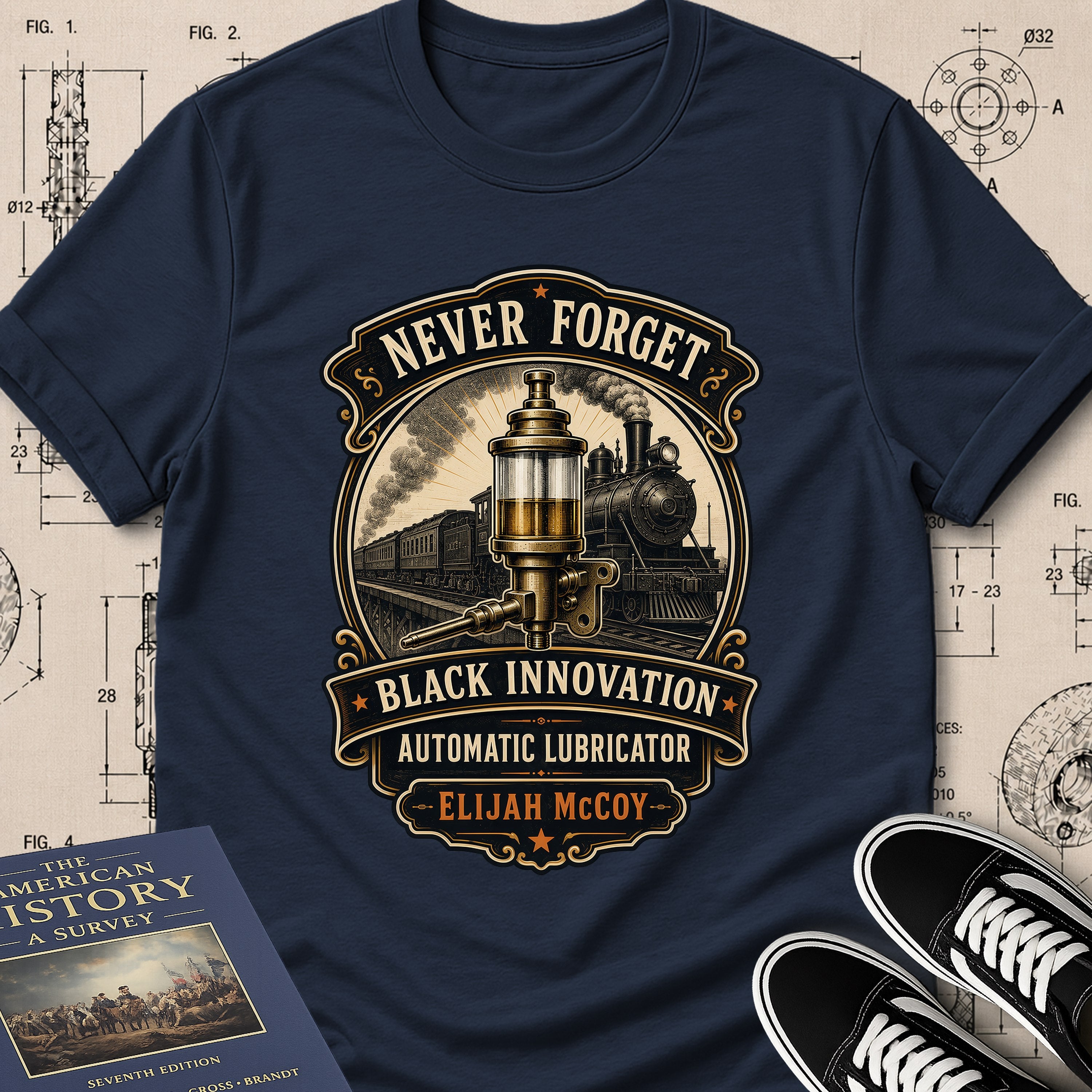 Elijah McCoy — Automatic Lubrication archival badge t-shirt design, Buillth Never Forget collection
