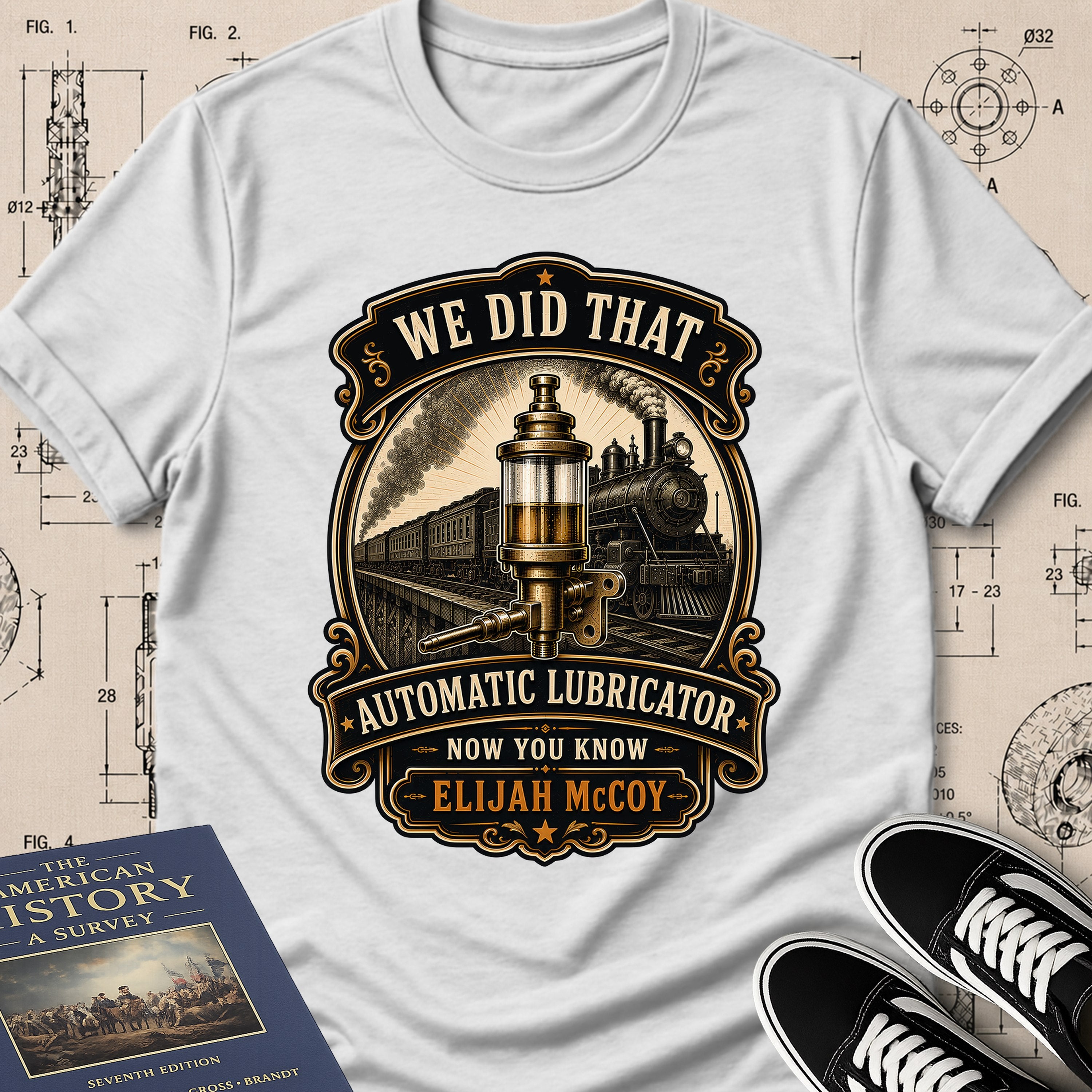 Elijah McCoy — Automatic Lubrication archival badge t-shirt design, Buillth Never Forget collection