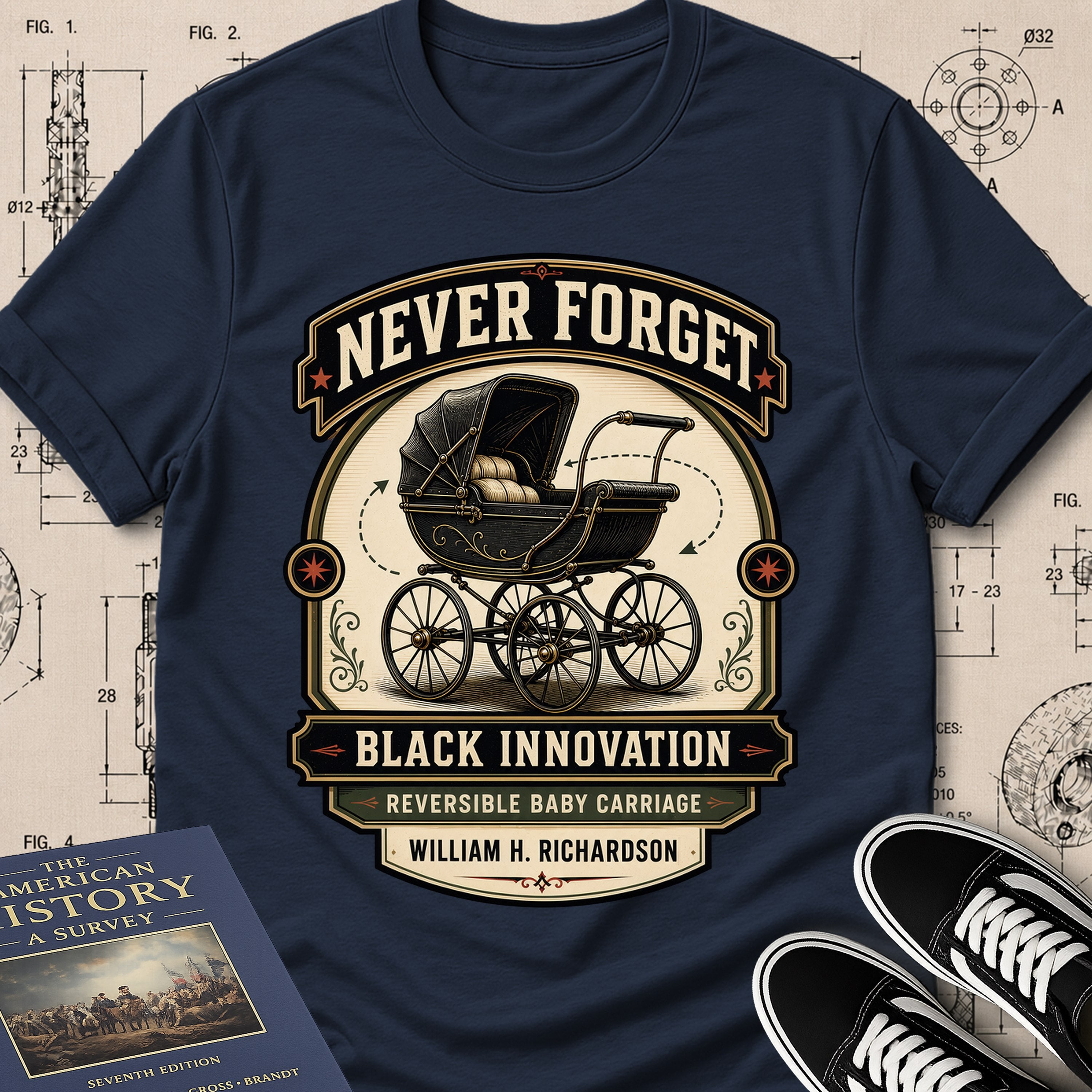 William H. Richardson — Reversible Baby Carriage archival badge t-shirt design, Buillth Never Forget collection