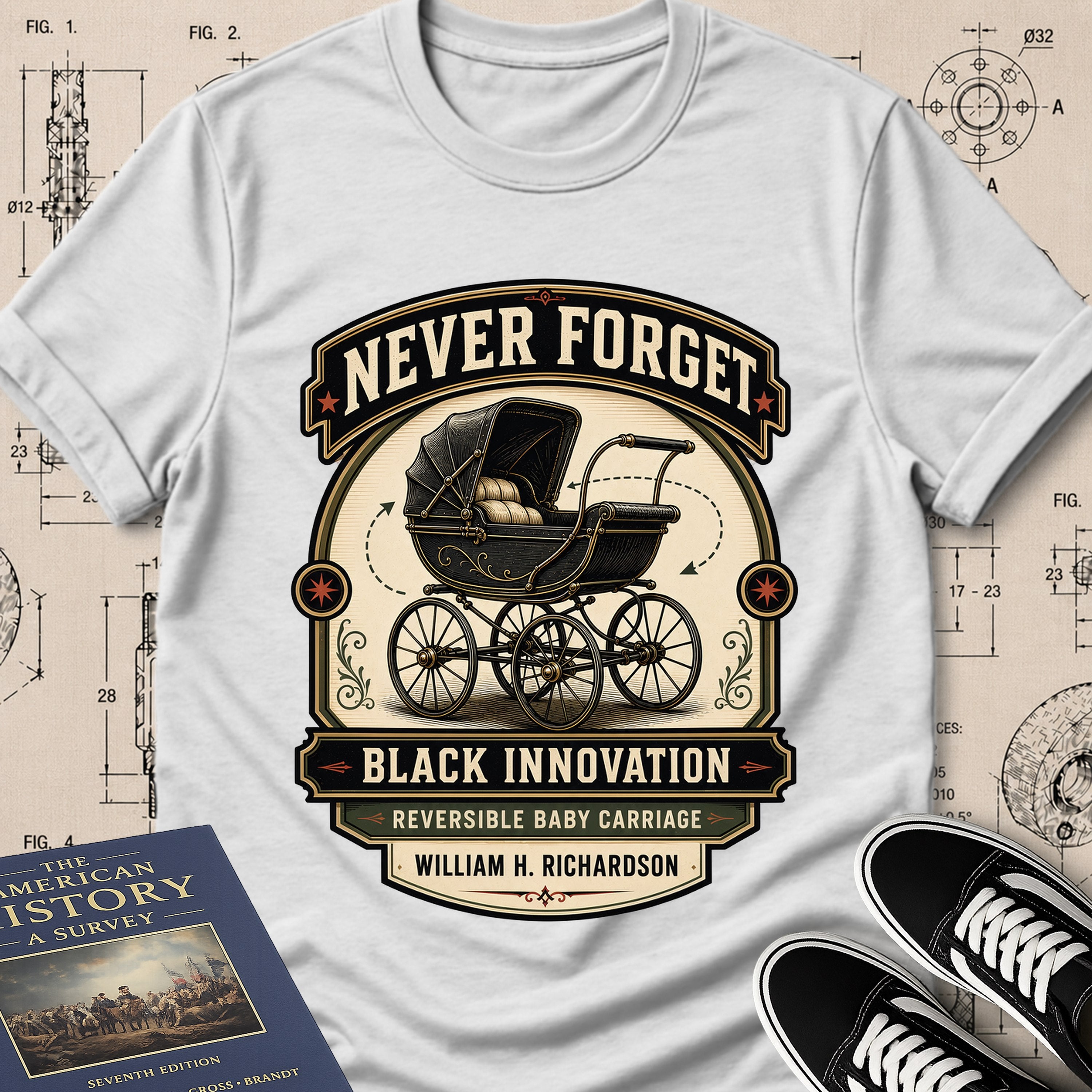 William H. Richardson — Reversible Baby Carriage — Never Forget Black Innovation T-Shirt | Buillth
