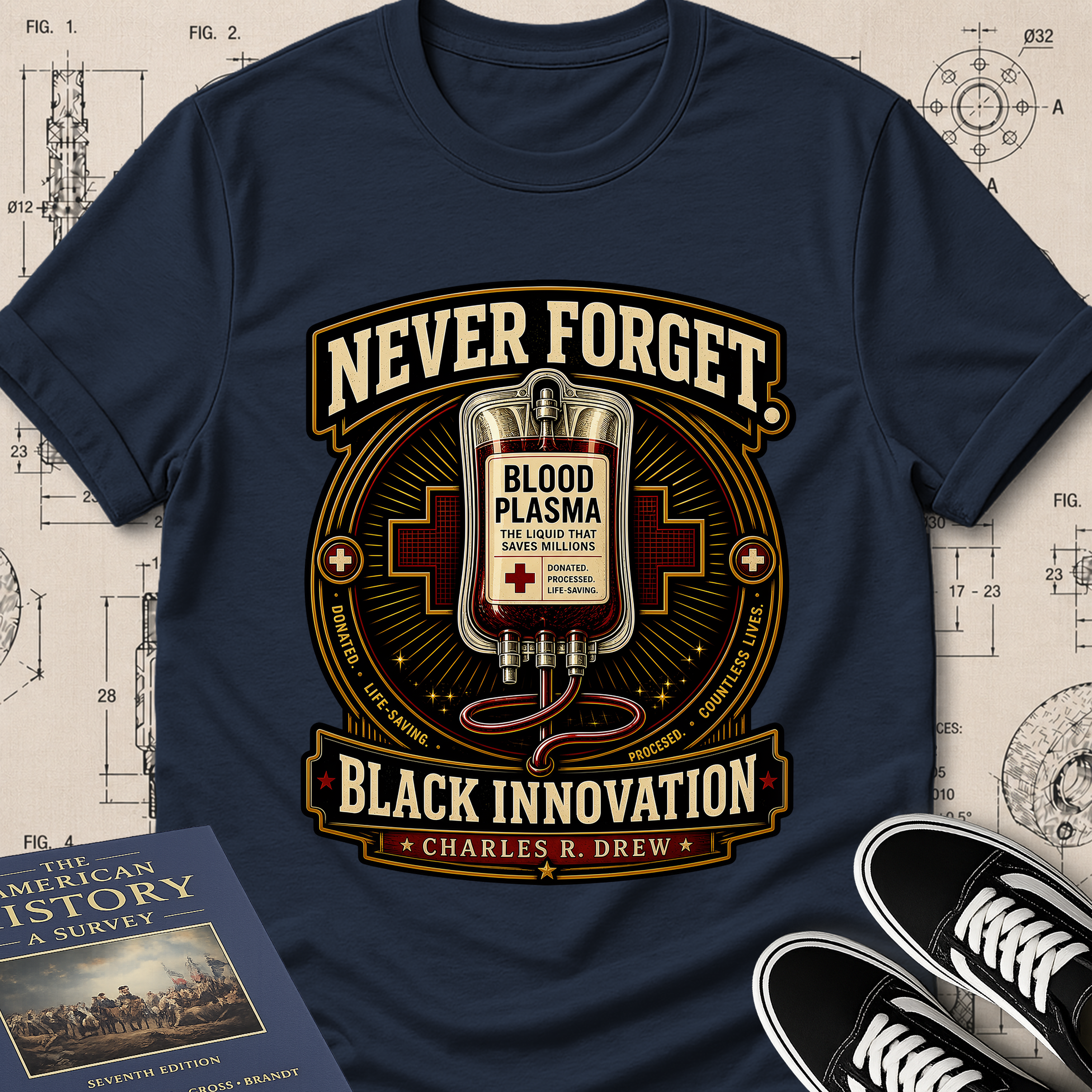 Dr. Charles Drew — Blood Plasma archival badge t-shirt design, Buillth Never Forget collection