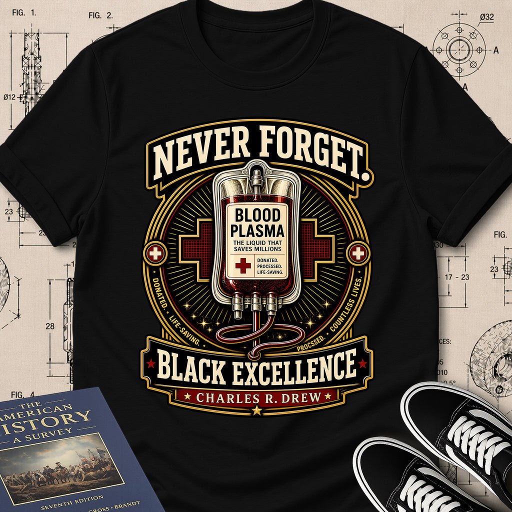 Dr. Charles Drew — Blood Plasma archival badge t-shirt design, Buillth Never Forget collection