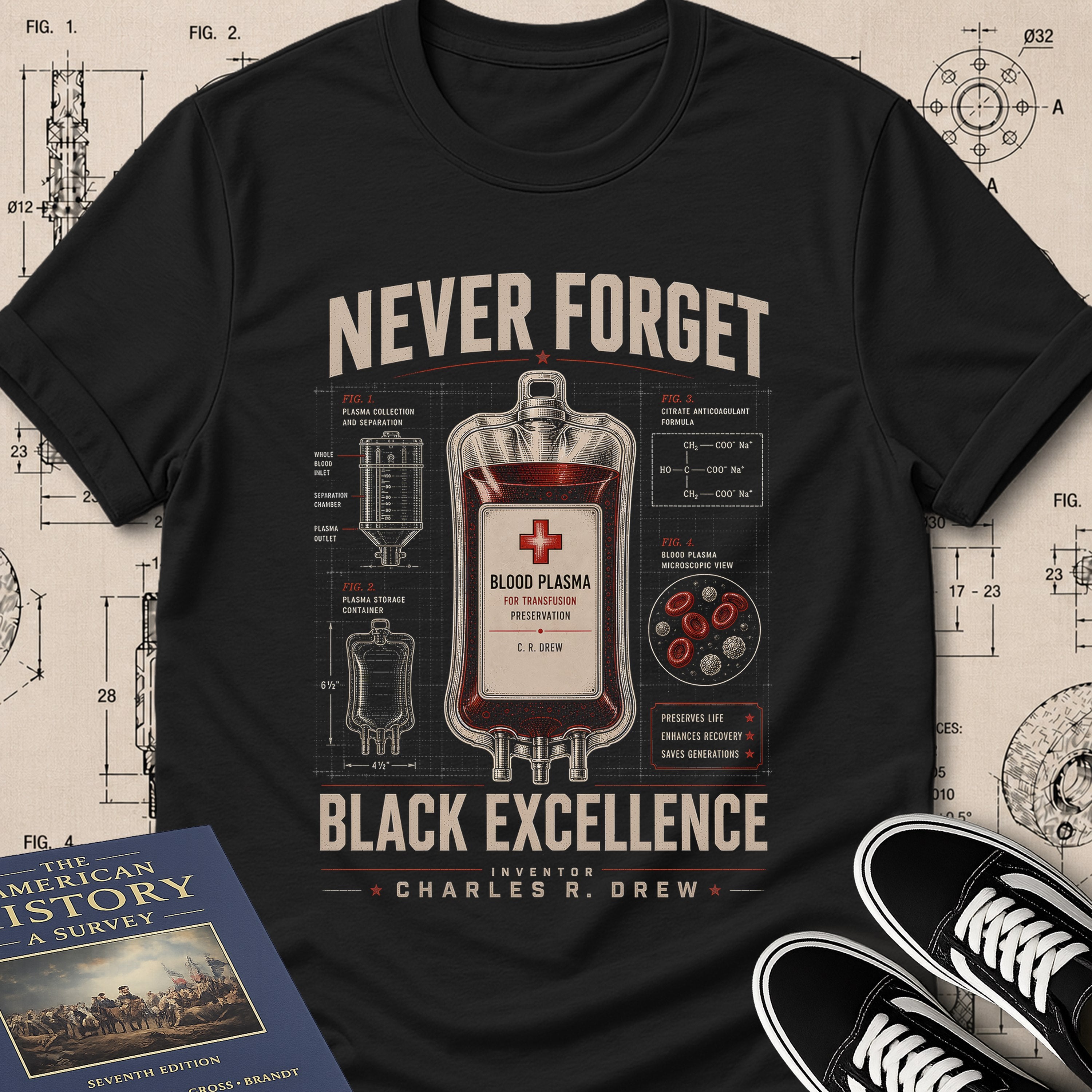 Dr. Charles Drew — Blood Plasma museum-archive badge t-shirt design, Buillth
