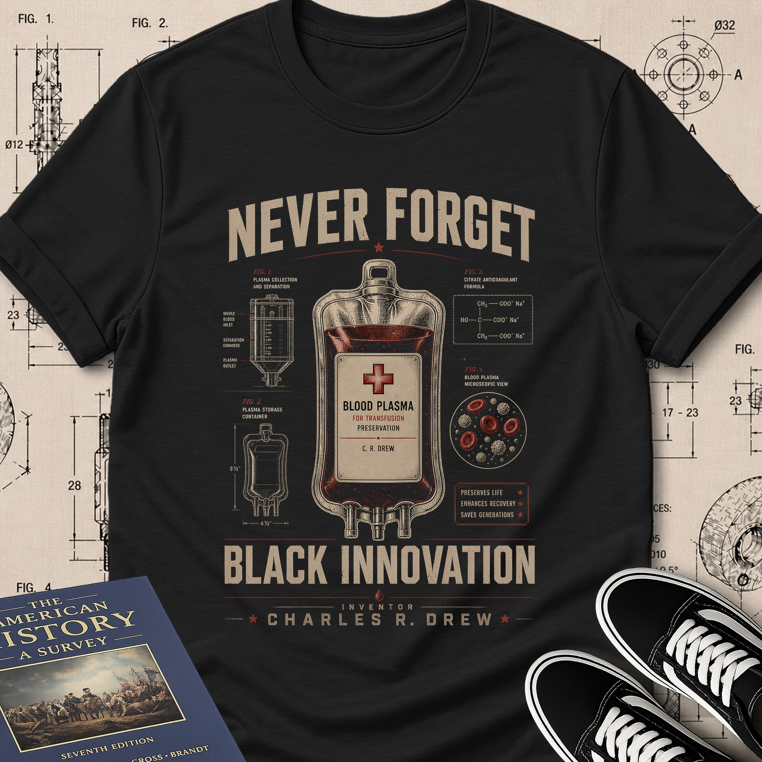 Dr. Charles Drew — Blood Plasma museum-archive badge t-shirt design, Buillth