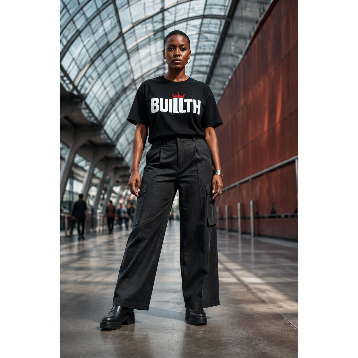 Black woman wearing a Buillth Crown Logo black t-shirt with red crown wordmark, streetwear style, standing in a modern glass-covered walkway