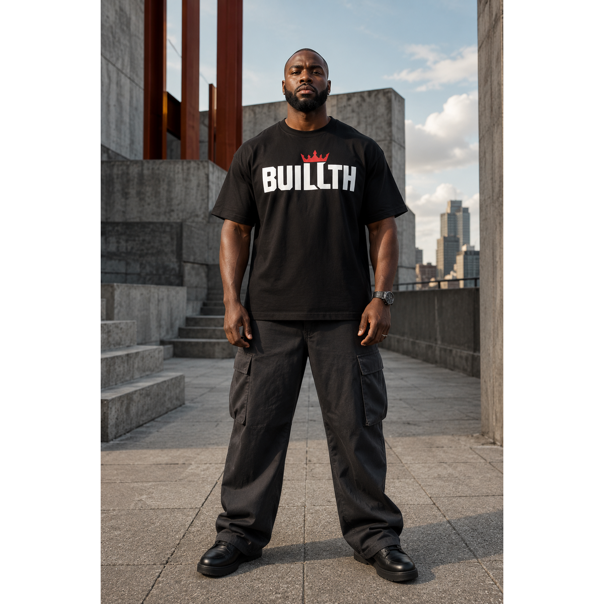 Black man wearing a Buillth Crown Logo black t-shirt with red crown wordmark, streetwear style, standing on a concrete rooftop with city skyline in the background