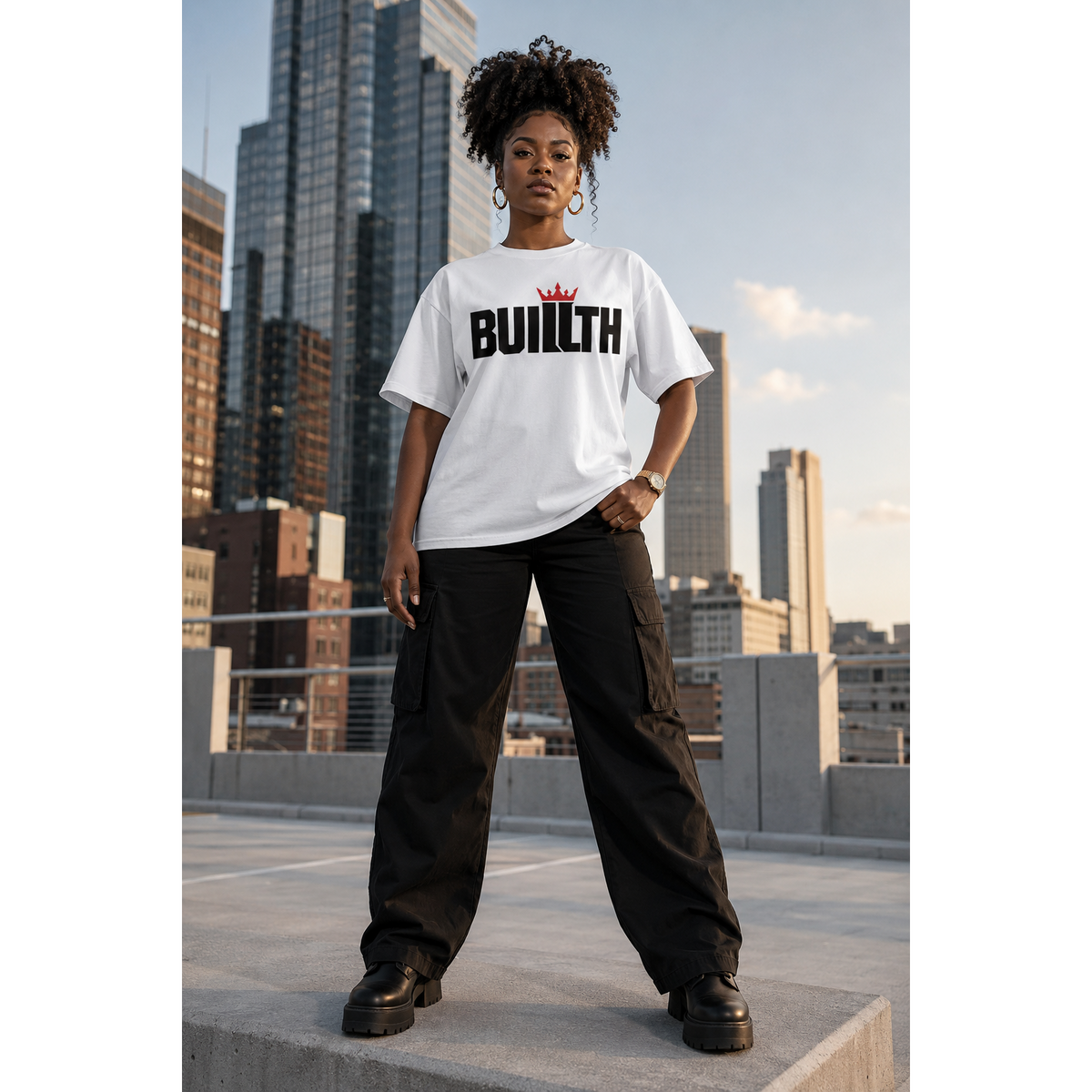 Black woman wearing a Buillth Crown Logo white t-shirt with crown wordmark, streetwear style
