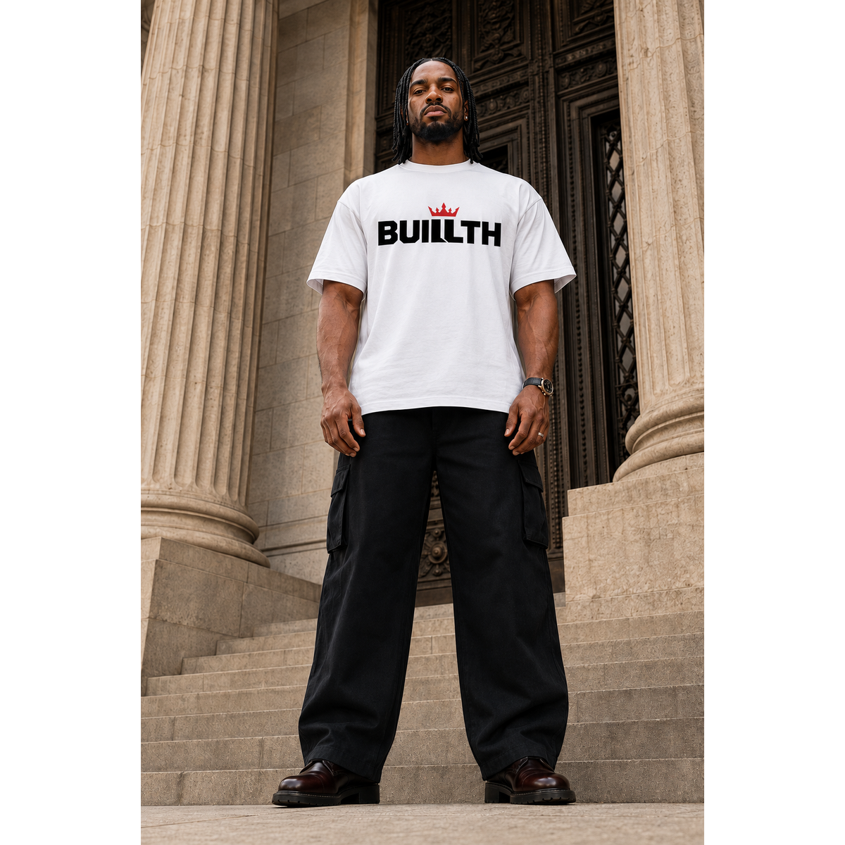 Black man wearing a Buillth Crown Logo white t-shirt with crown wordmark, streetwear style