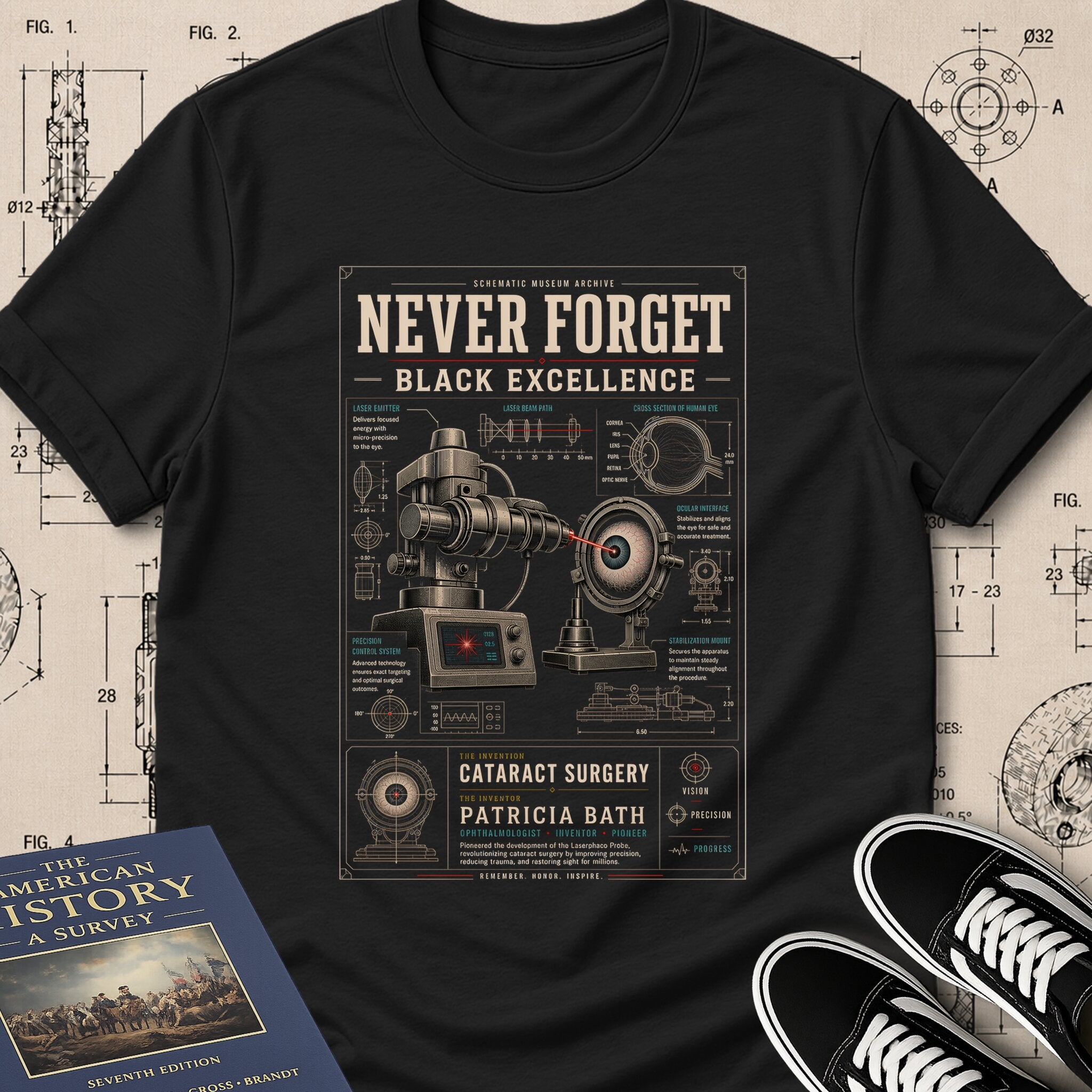 Patricia Bath — Laserphaco Probe museum-archive badge t-shirt design, Buillth