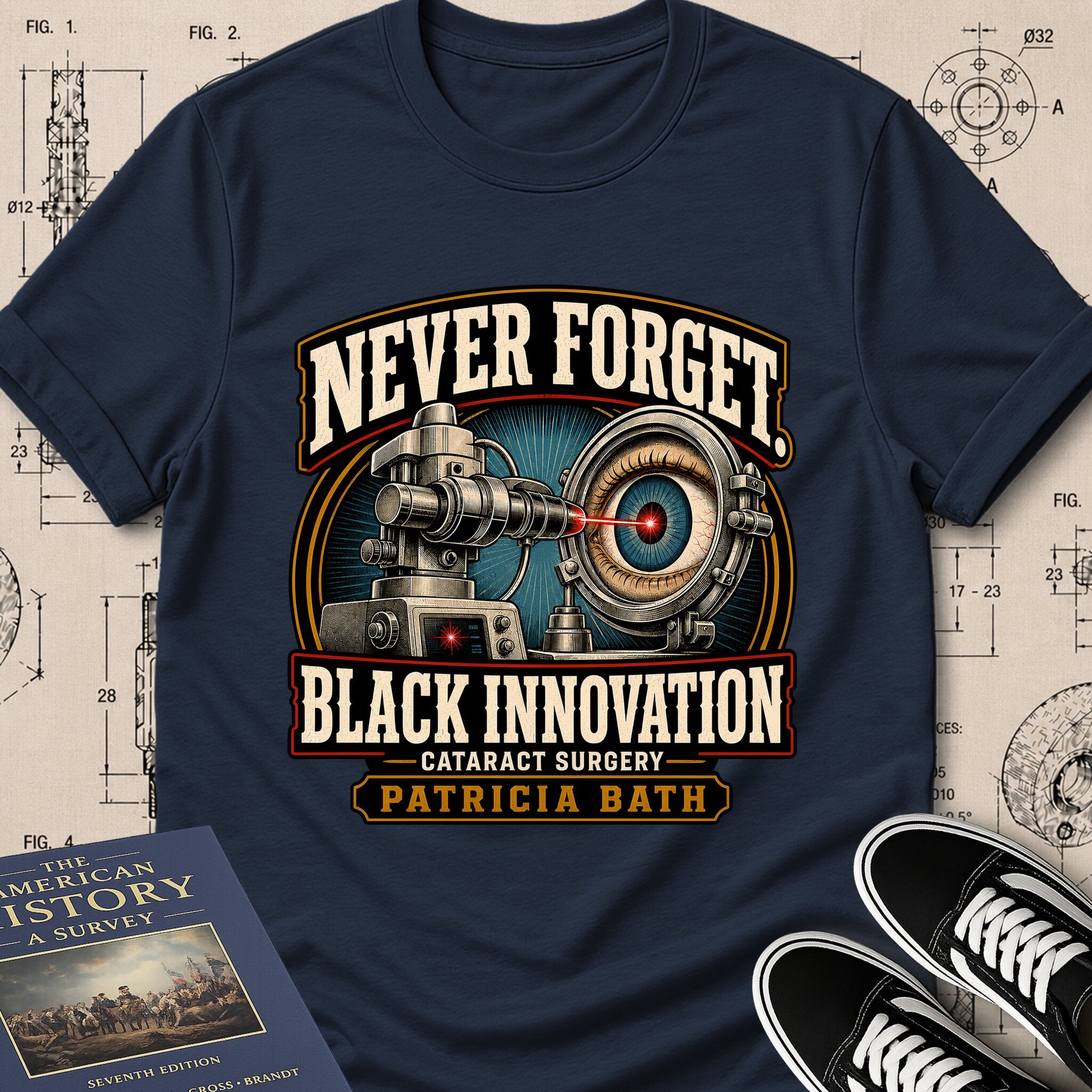 Patricia Bath — Laserphaco Probe archival badge t-shirt design, Buillth Never Forget collection