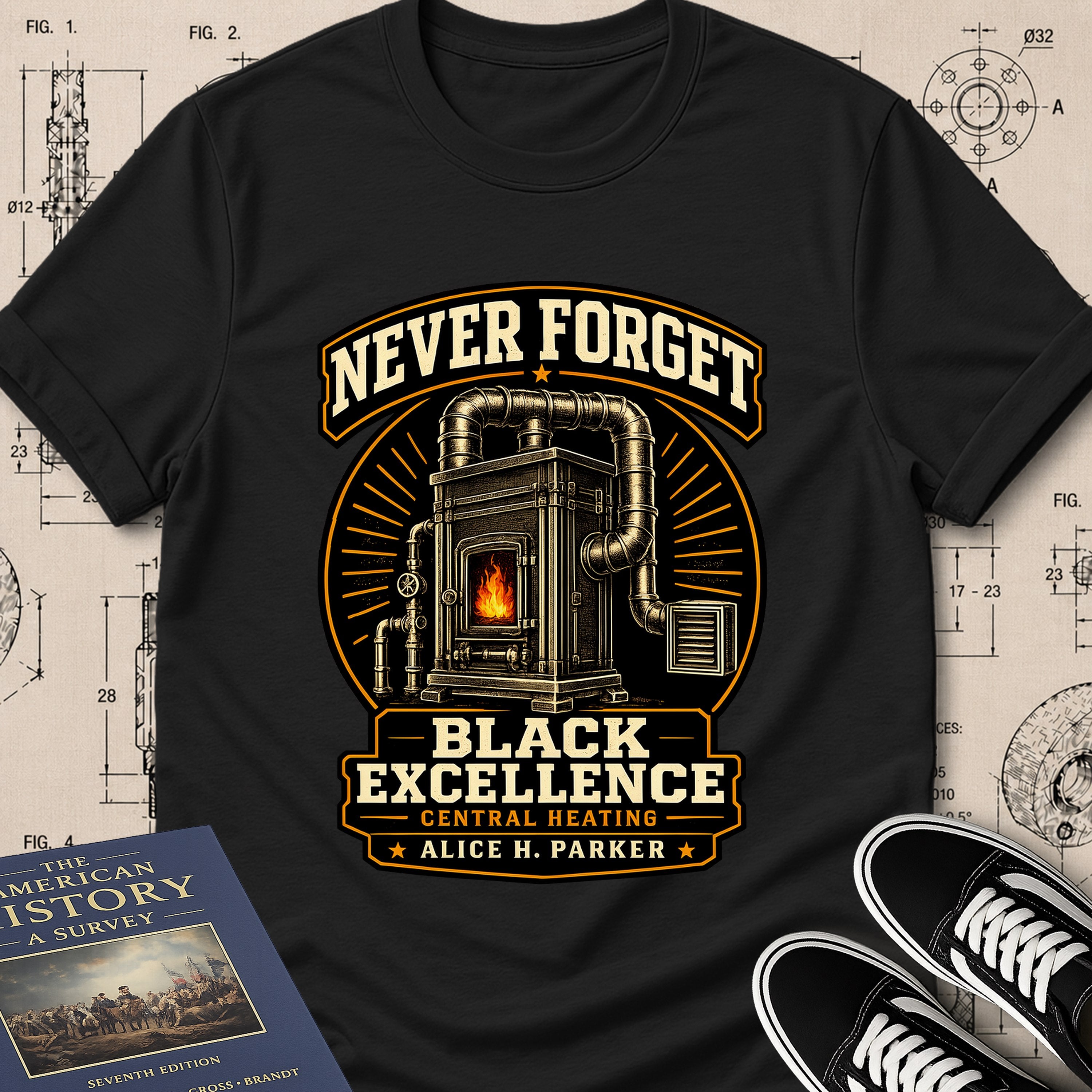 Alice H. Parker — Central Heating System archival badge t-shirt design, Buillth Never Forget collection