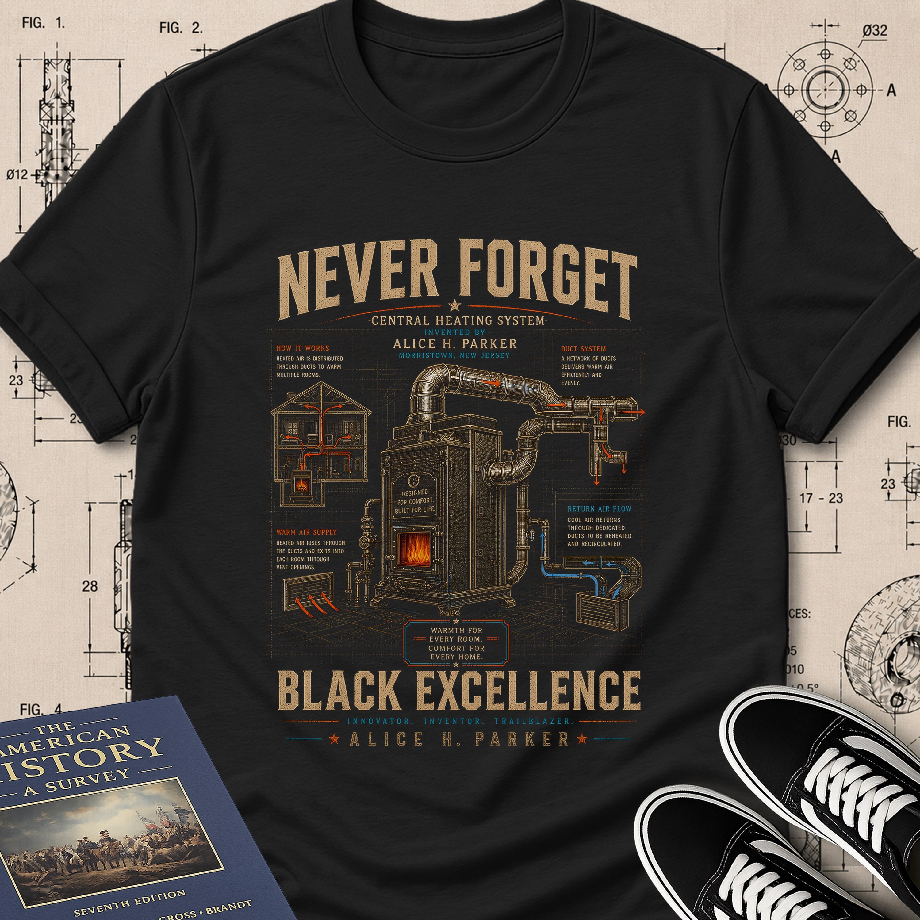 Alice H. Parker — Central Heating System museum-archive badge t-shirt design, Buillth