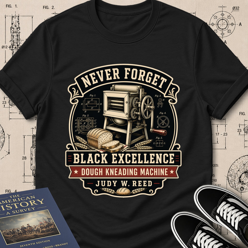 Judy W. Reed — Dough Kneading Machine archival badge t-shirt design, Buillth Never Forget collection