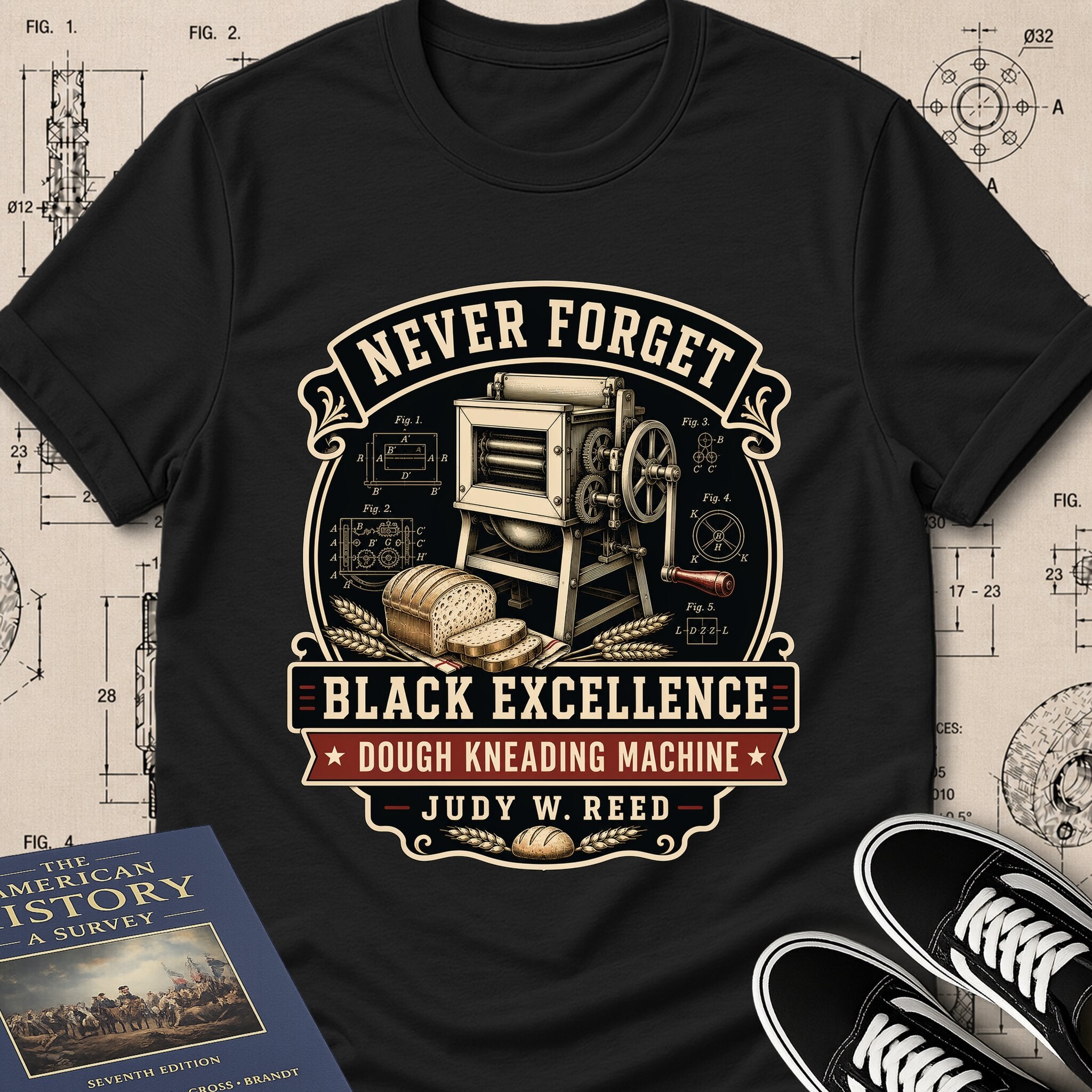 Judy W. Reed — Dough Kneading Machine archival badge t-shirt design, Buillth Never Forget collection