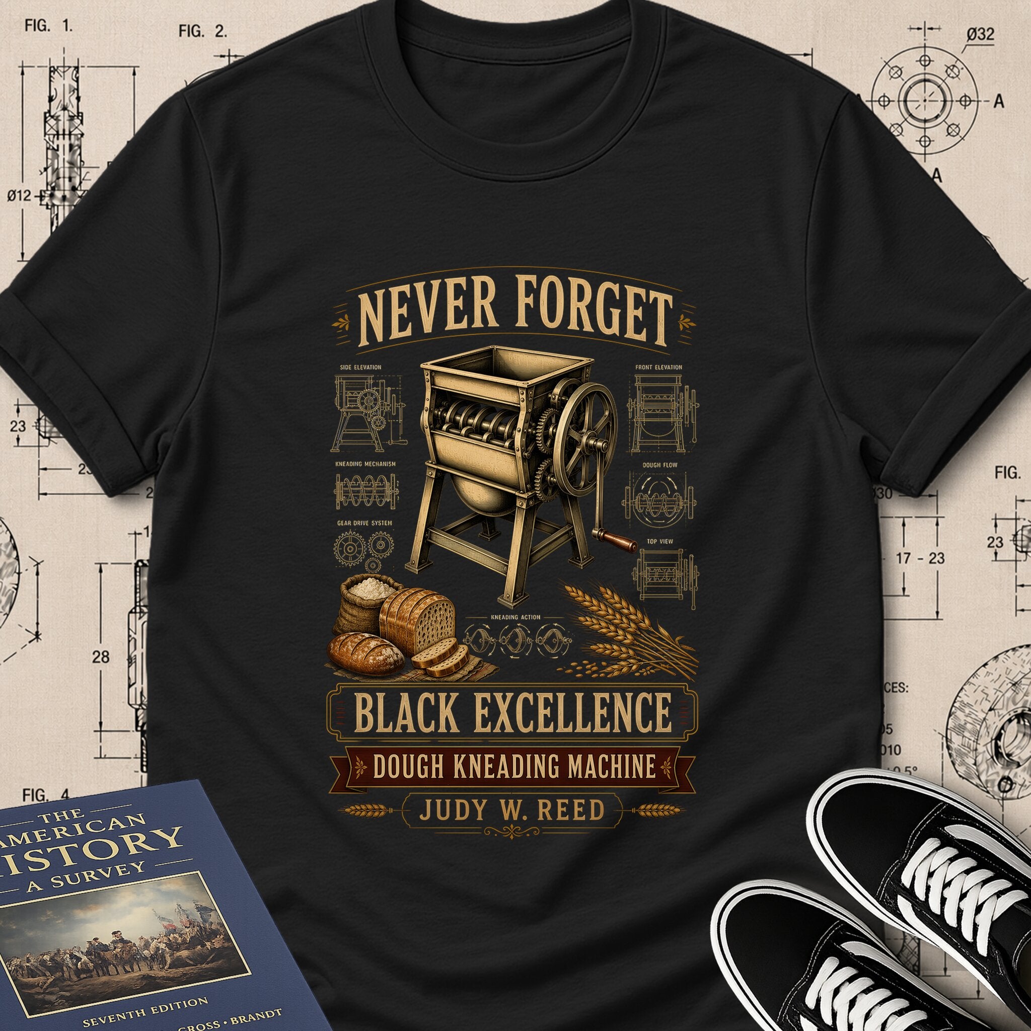 Judy W. Reed — Dough Kneading Machine museum-archive badge t-shirt design, Buillth