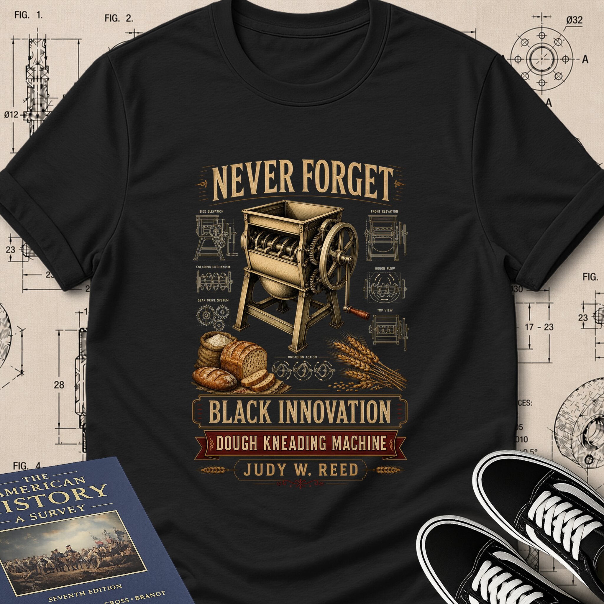 Judy W. Reed — Dough Kneading Machine museum-archive badge t-shirt design, Buillth