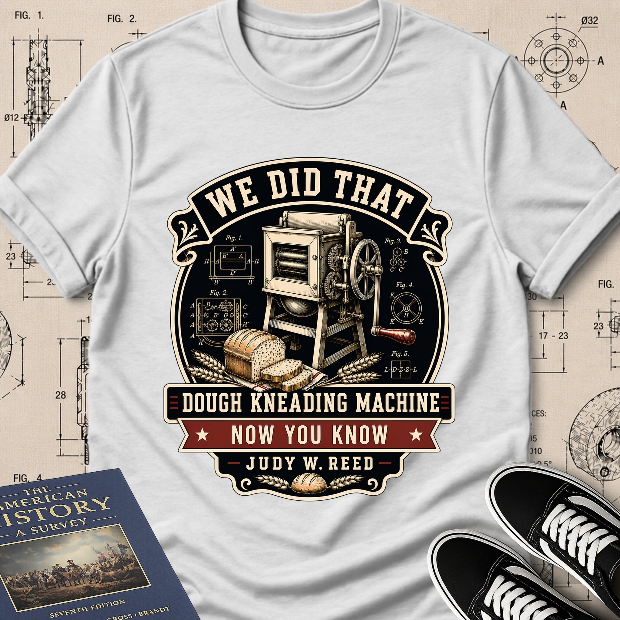 Judy W. Reed — Dough Kneading Machine archival badge t-shirt design, Buillth Never Forget collection