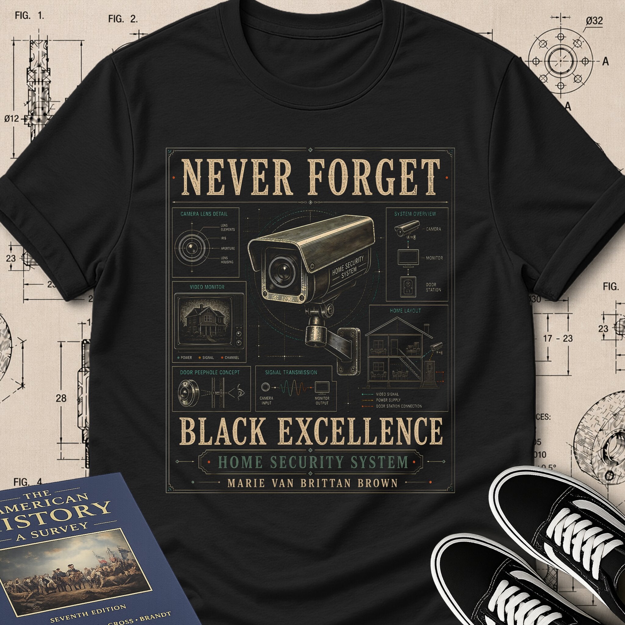 Marie Van Brittan Brown — Home Security System museum-archive badge t-shirt design, Buillth