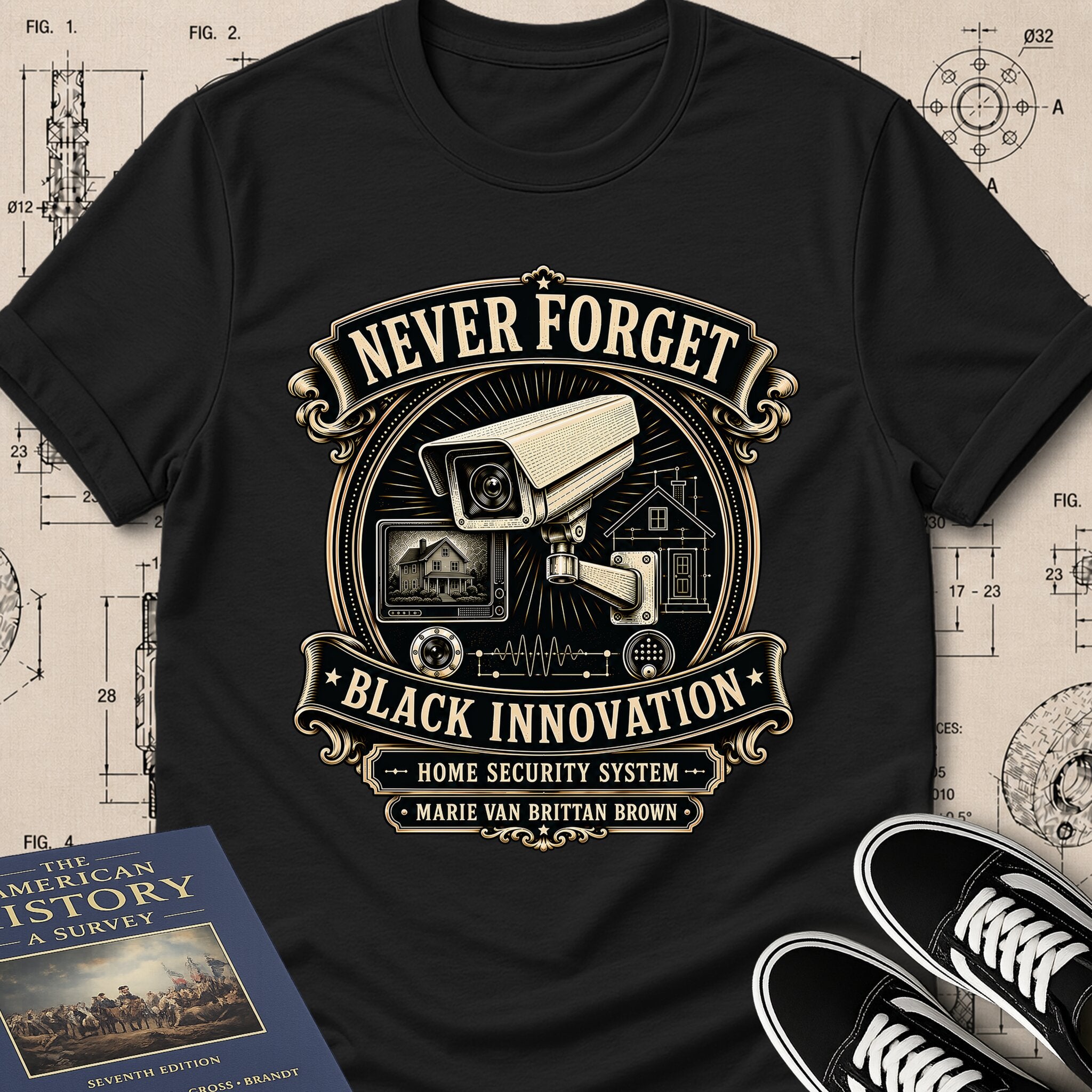 Marie Van Brittan Brown — Home Security System — Never Forget Black Innovation T-Shirt | Buillth