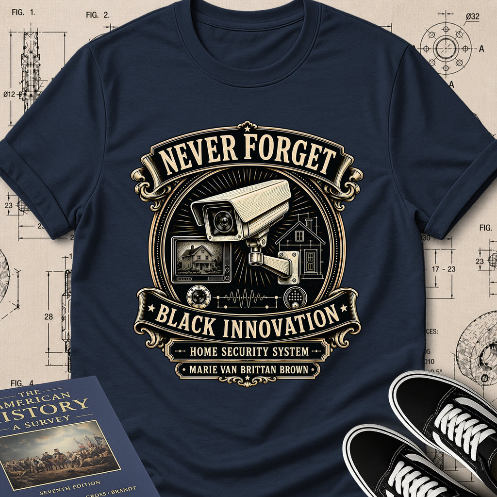 Marie Van Brittan Brown — Home Security System archival badge t-shirt design, Buillth Never Forget collection