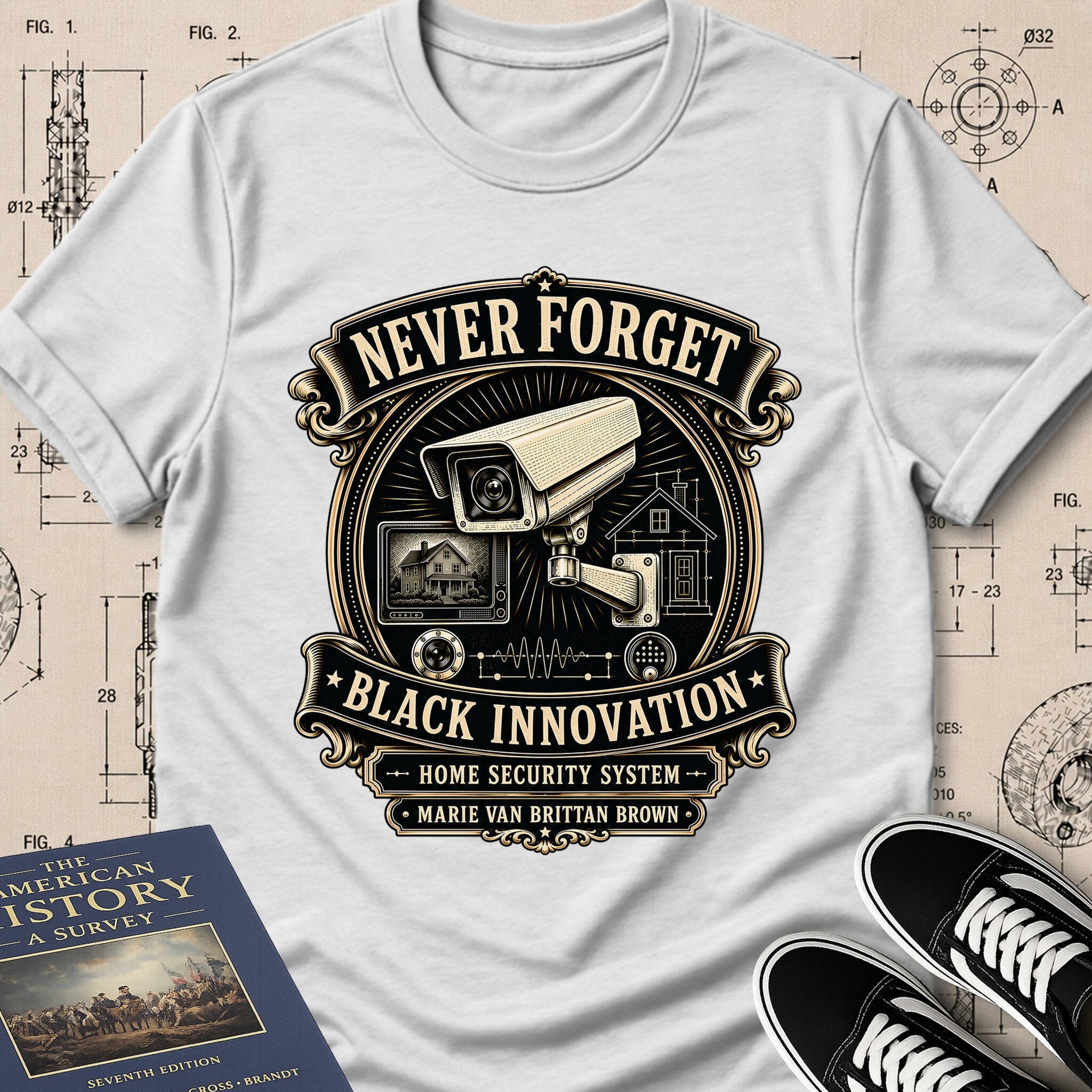 Marie Van Brittan Brown — Home Security System — Never Forget Black Innovation T-Shirt | Buillth