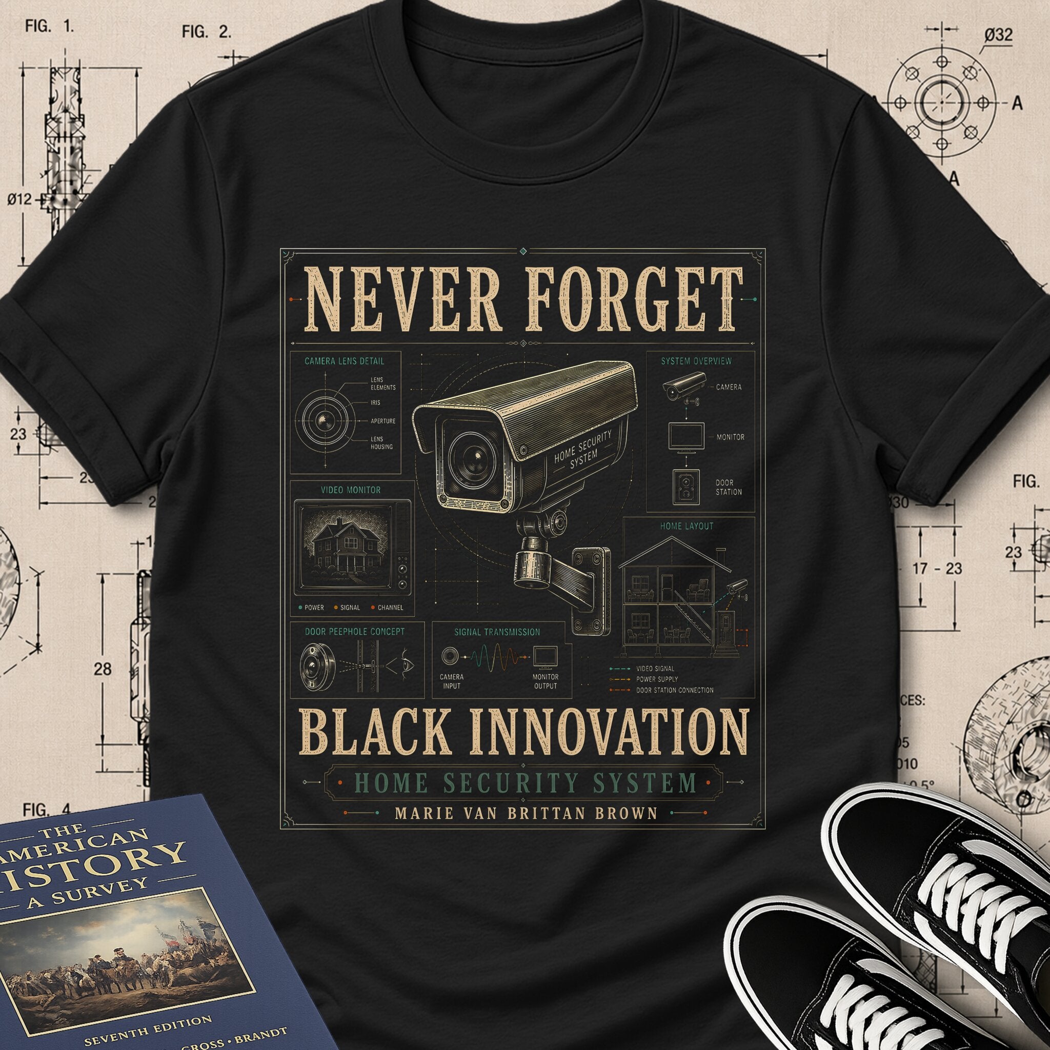 Marie Van Brittan Brown — Home Security System museum-archive badge t-shirt design, Buillth