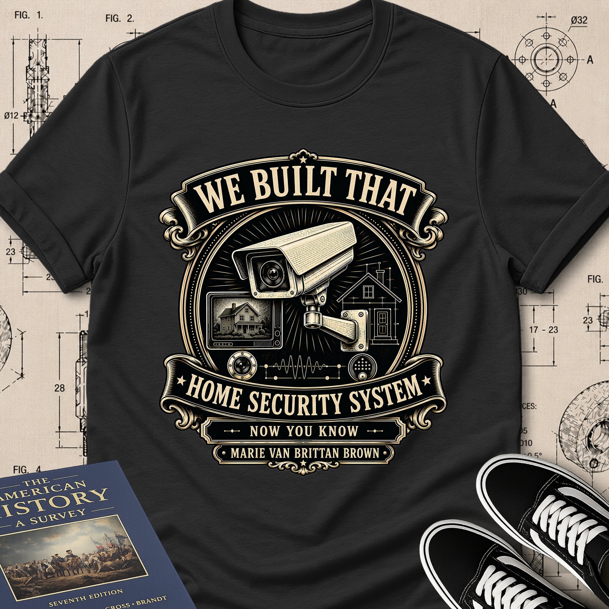 Marie Van Brittan Brown — Home Security System archival badge t-shirt design, Buillth Never Forget collection