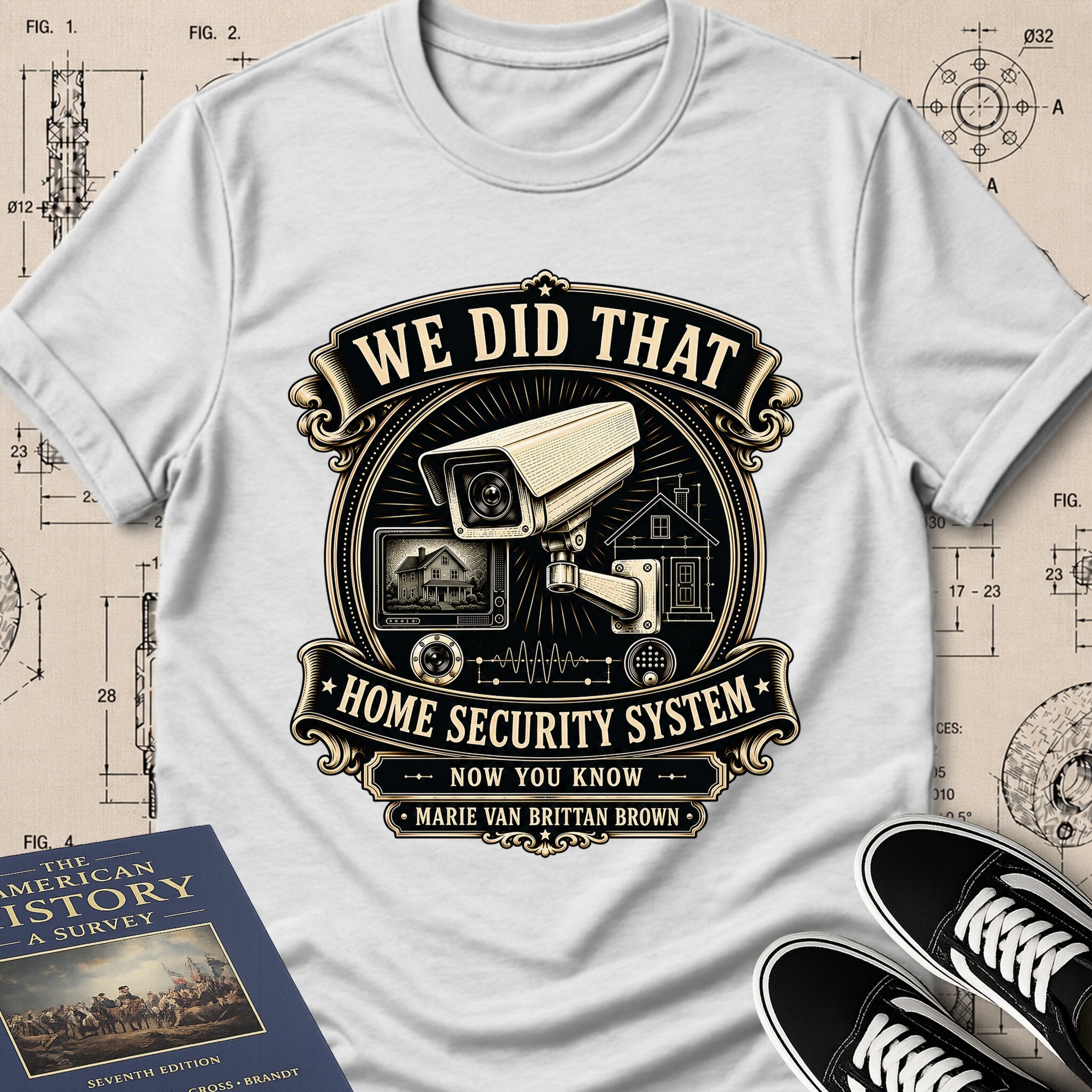 Marie Van Brittan Brown — Home Security System archival badge t-shirt design, Buillth Never Forget collection