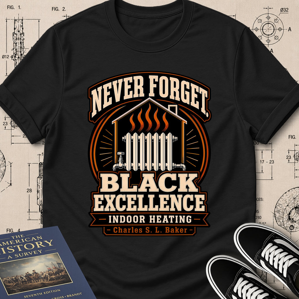 Charles S. L. Baker — Friction Heat Radiator archival badge t-shirt design, Buillth Never Forget collection