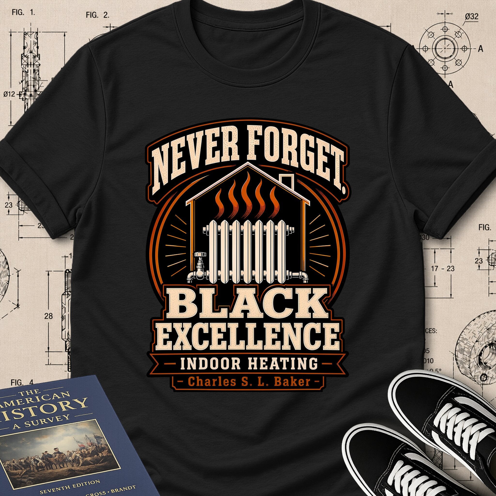 Charles S. L. Baker — Friction Heat Radiator archival badge t-shirt design, Buillth Never Forget collection