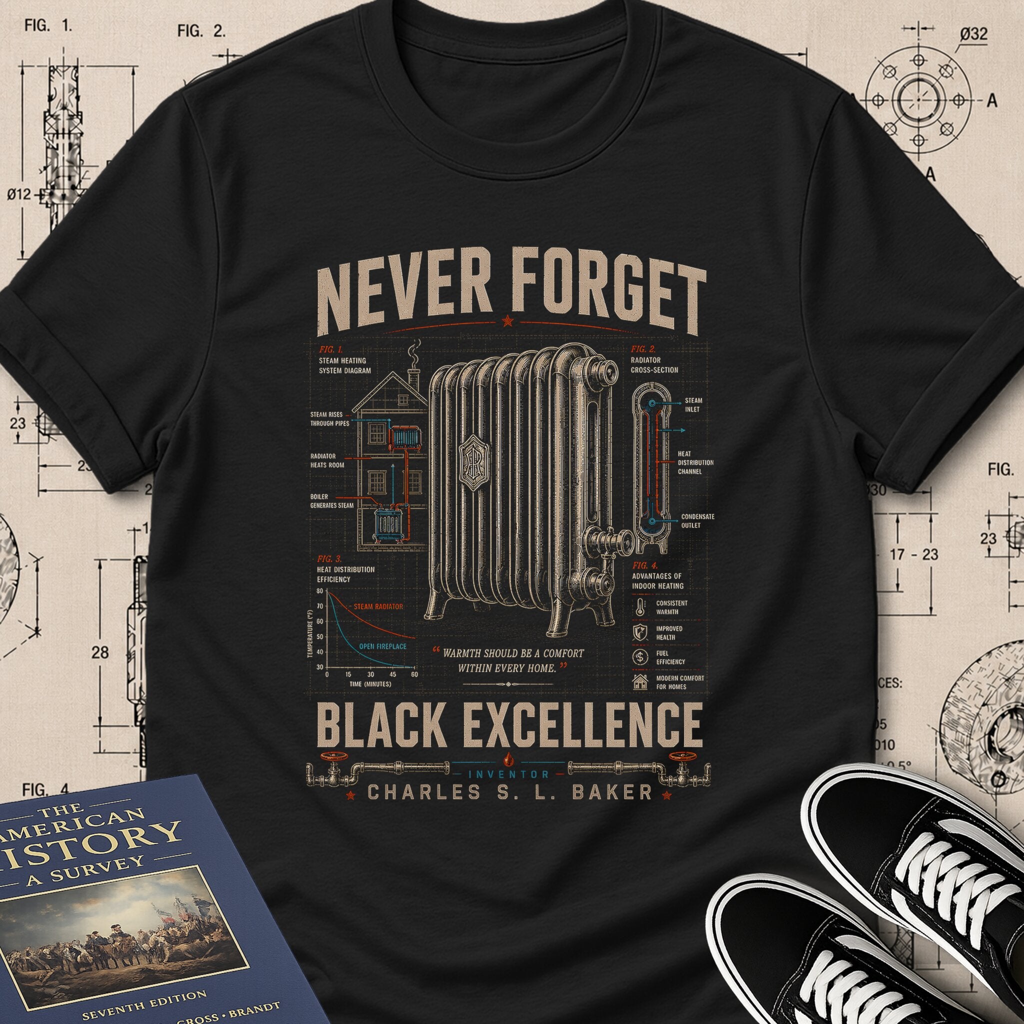 Charles S. L. Baker — Friction Heat Radiator museum-archive badge t-shirt design, Buillth