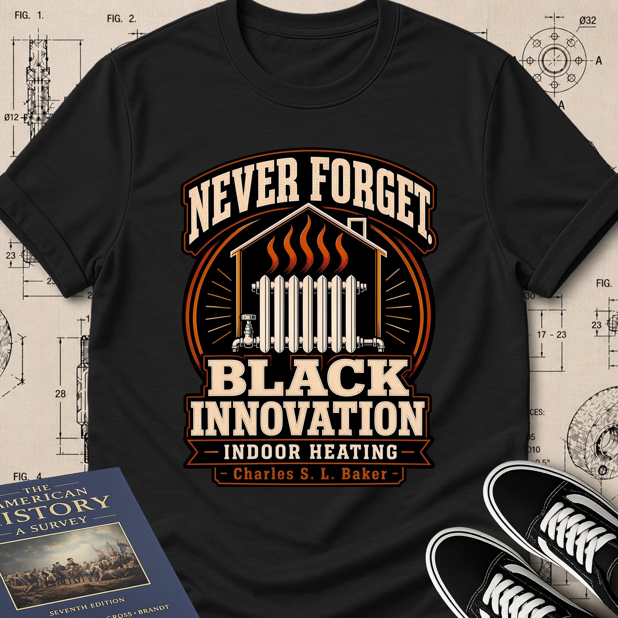 Charles S. L. Baker — Friction Heat Radiator — Never Forget Black Innovation T-Shirt | Buillth