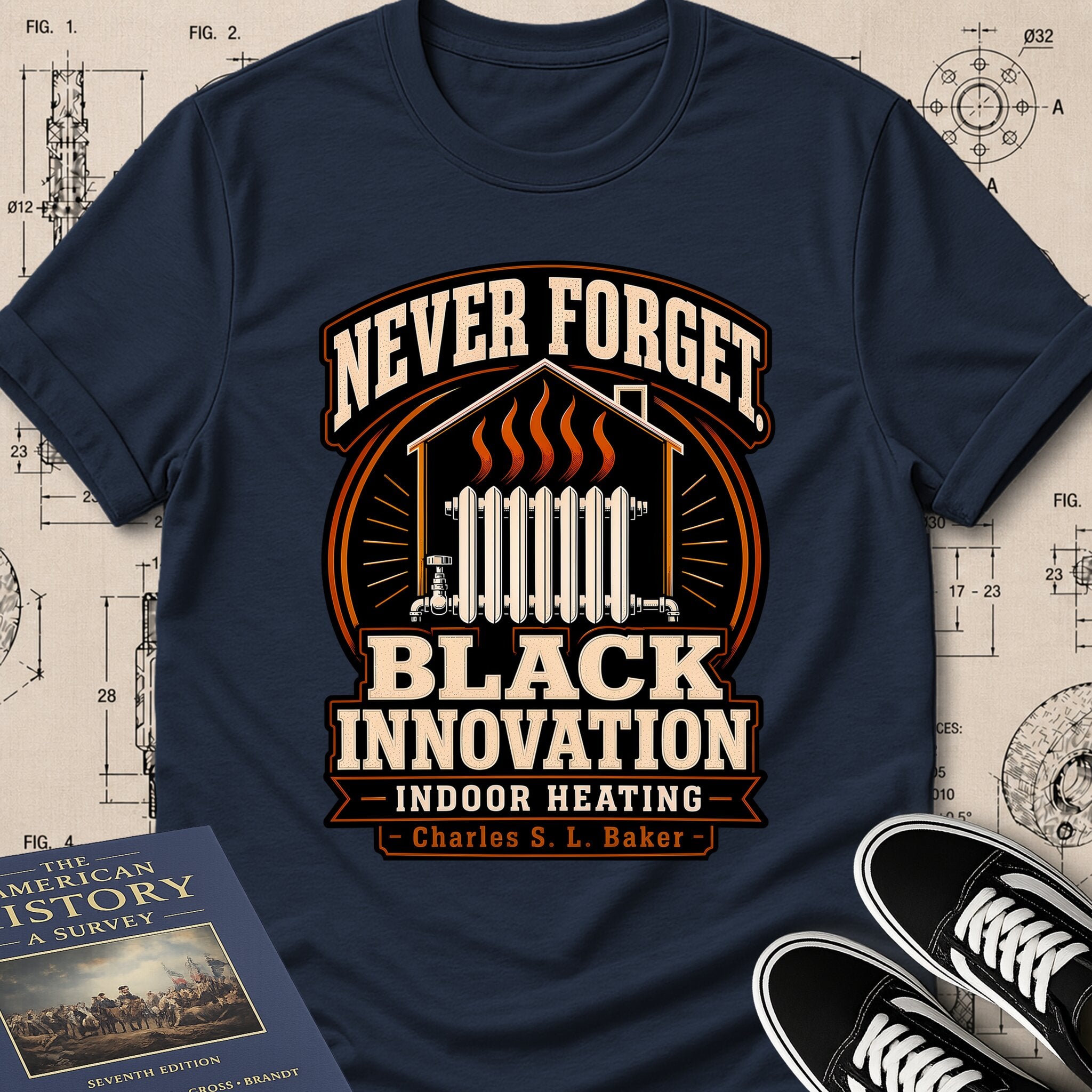 Charles S. L. Baker — Friction Heat Radiator archival badge t-shirt design, Buillth Never Forget collection
