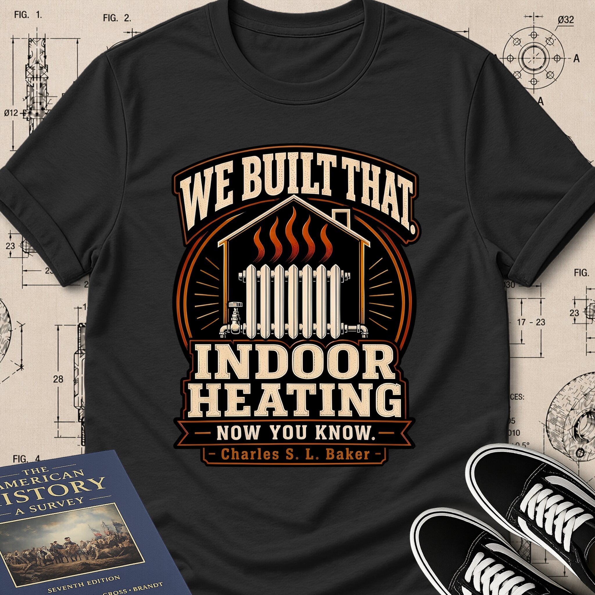 Charles S. L. Baker — Friction Heat Radiator archival badge t-shirt design, Buillth Never Forget collection