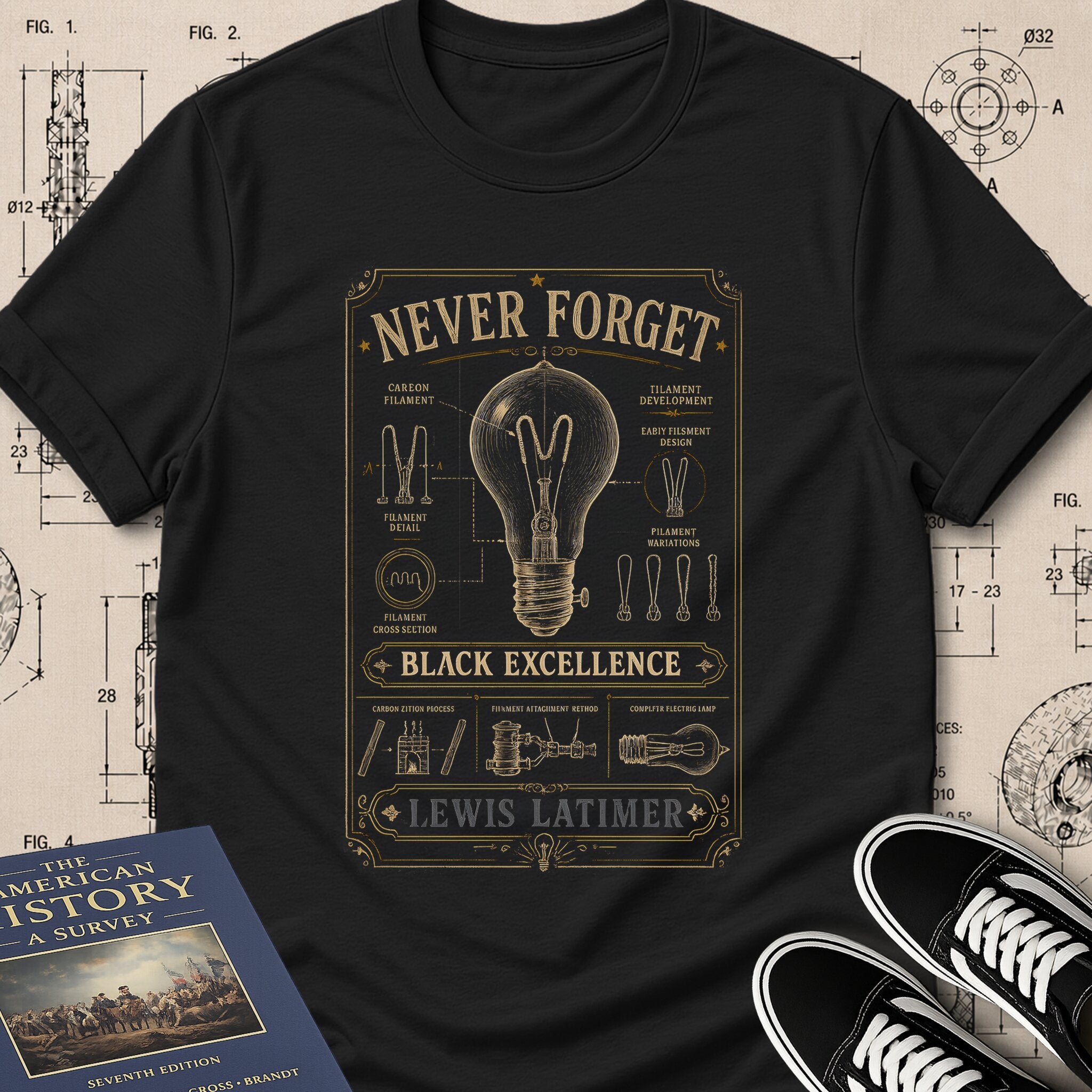 Lewis Howard Latimer — Carbon Filament museum-archive badge t-shirt design, Buillth