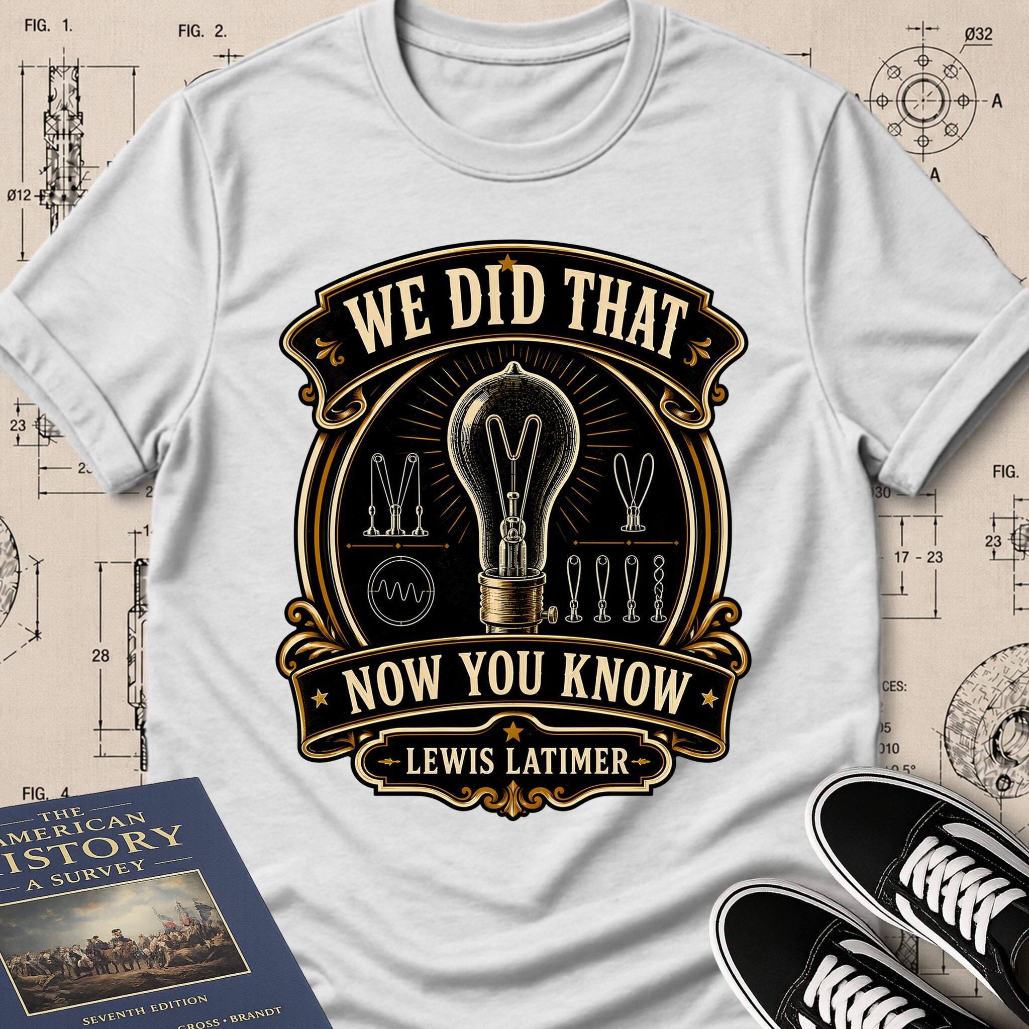 Lewis Howard Latimer — Carbon Filament archival badge t-shirt design, Buillth Never Forget collection