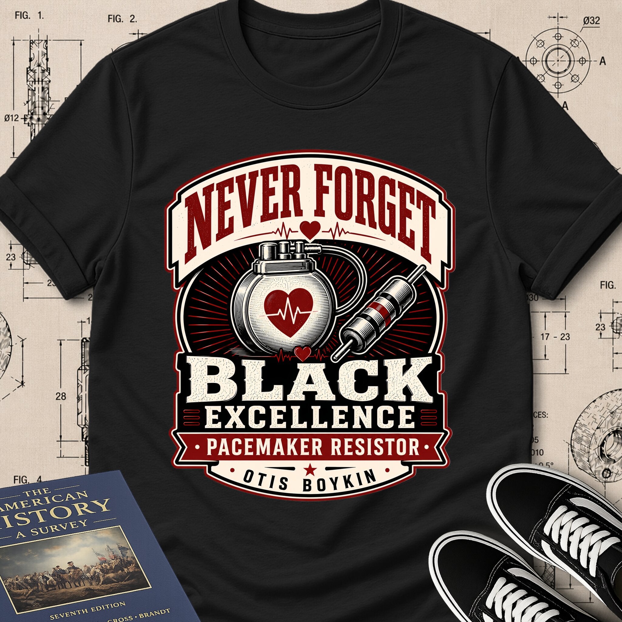 Otis Boykin — Pacemaker Resistor archival badge t-shirt design, Buillth Never Forget collection