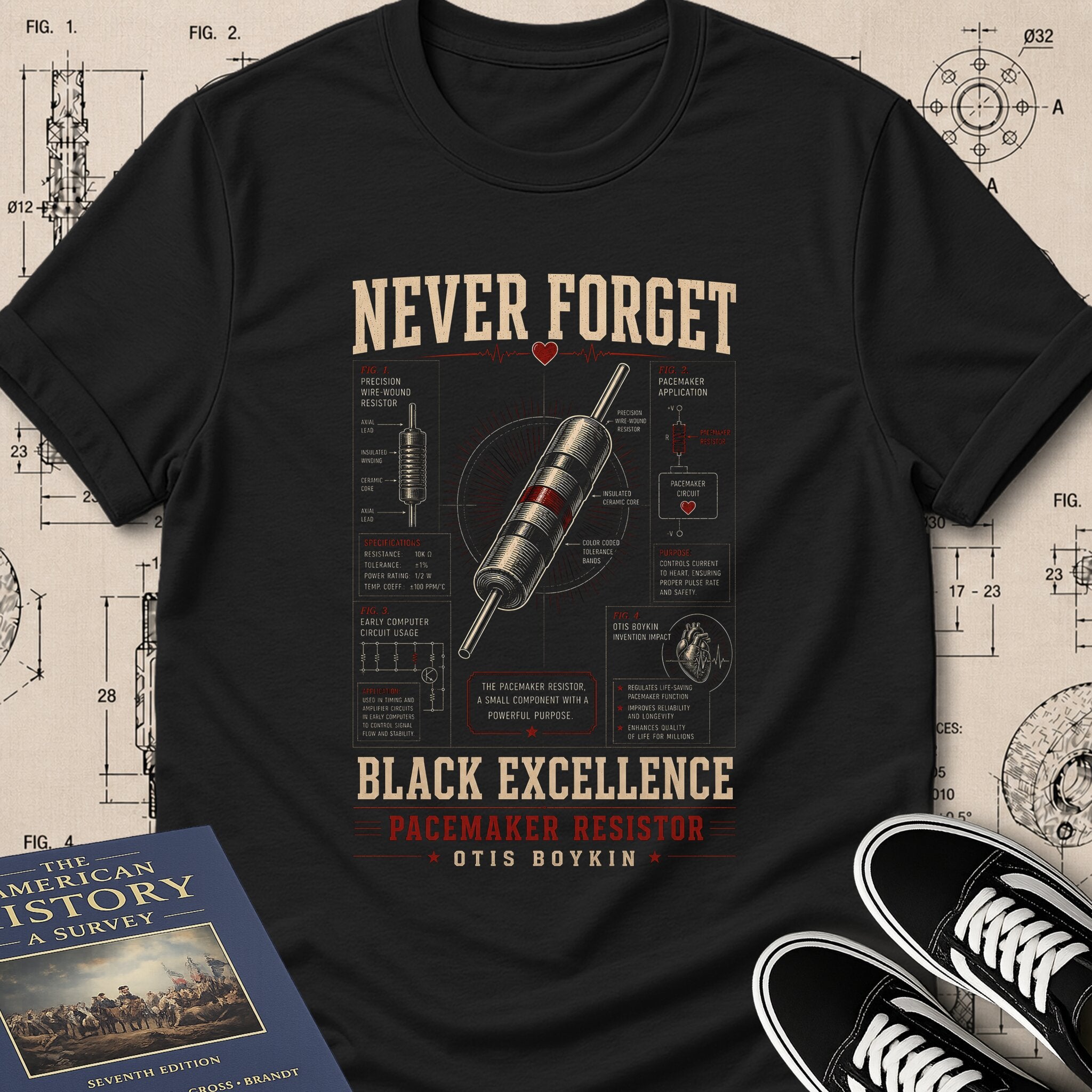 Otis Boykin — Pacemaker Resistor museum-archive badge t-shirt design, Buillth