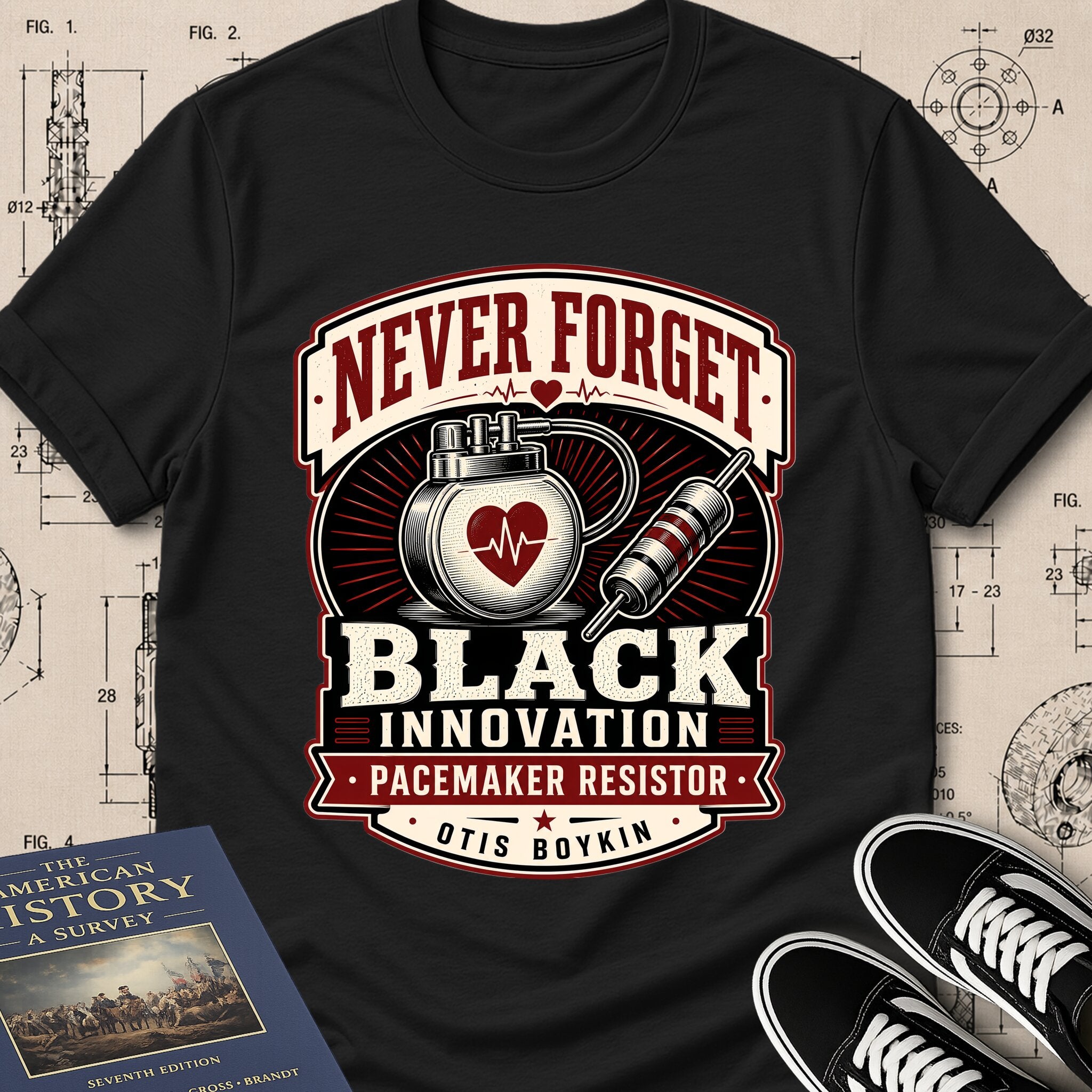 Otis Boykin — Pacemaker Resistor — Never Forget Black Innovation T-Shirt | Buillth