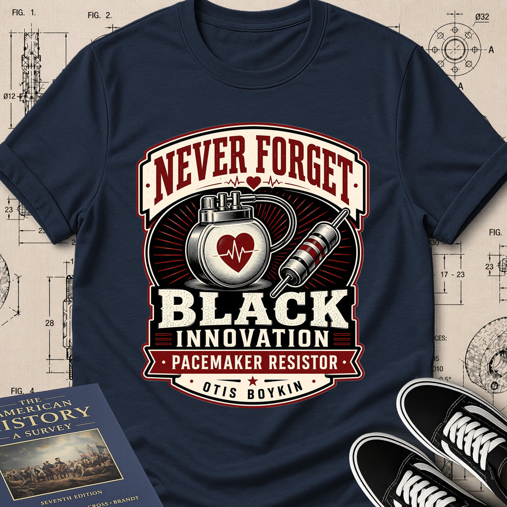 Otis Boykin — Pacemaker Resistor archival badge t-shirt design, Buillth Never Forget collection