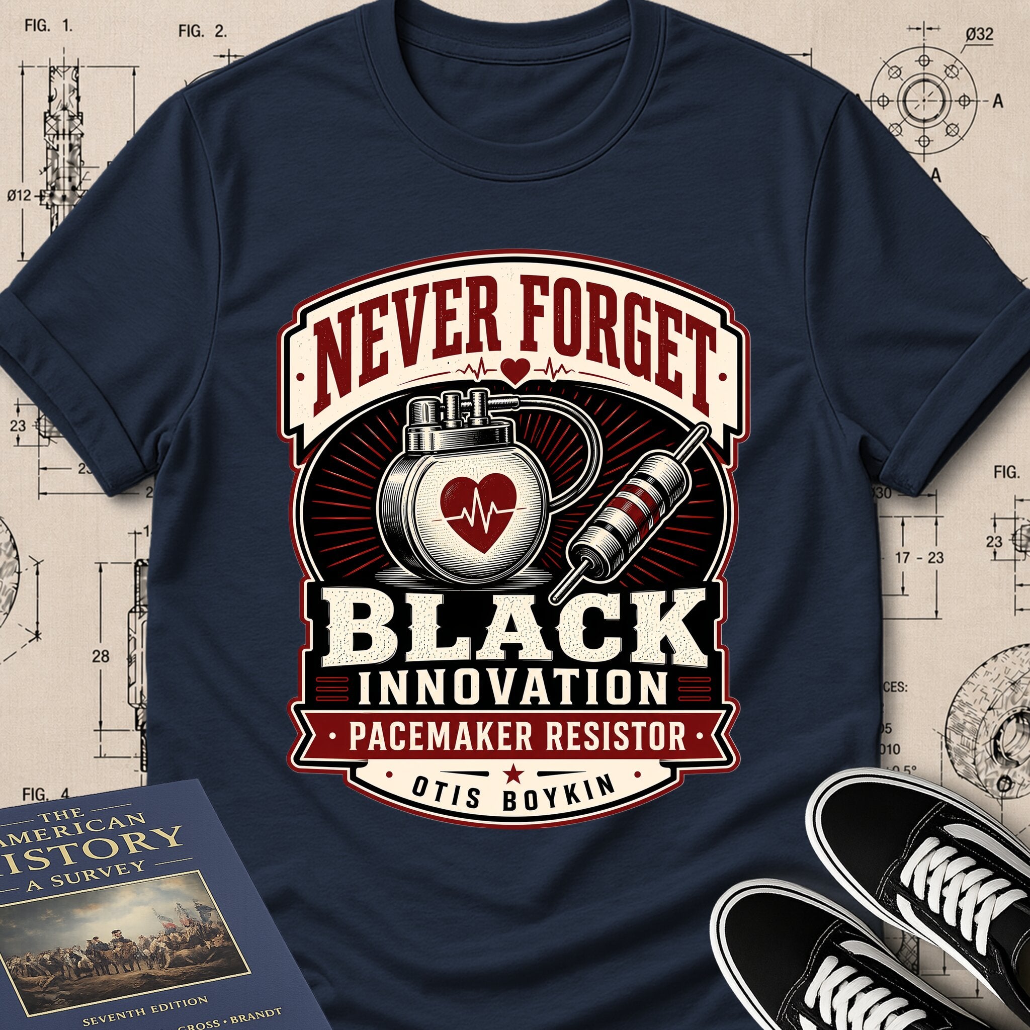 Otis Boykin — Pacemaker Resistor archival badge t-shirt design, Buillth Never Forget collection